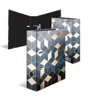 Drei dekorative Ordner im Binderstil mit blauen, weißen und goldenen geometrischen Mustern, offen und überlappt auf weißem Hintergrund dargestellt.