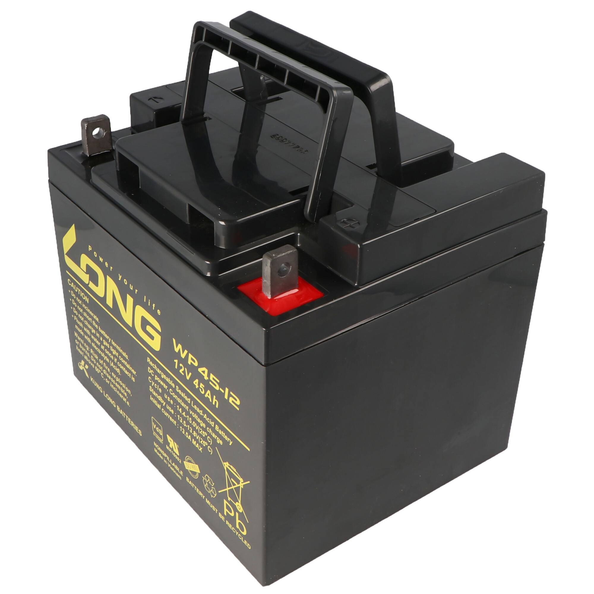 Schwarze 12V 4,5Ah wiederaufladbare Batterie mit oberer Griffleiste und freiliegenden Anschlüssen auf weißem Hintergrund.