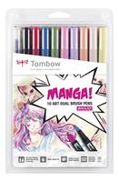 Tombow ABT-10C-MANGA2, Fein / Mittel, 10 Farben, Schwarz, Blau, Grün, Grau, Orange, Pink, Gelb, Rundspitze & Bürstenspit