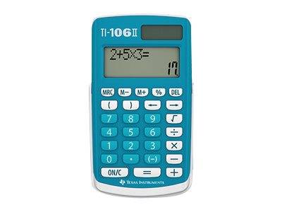 Blauer Texas Instruments TI-106 II Taschenrechner, der auf dem Bildschirm „2+5×3=