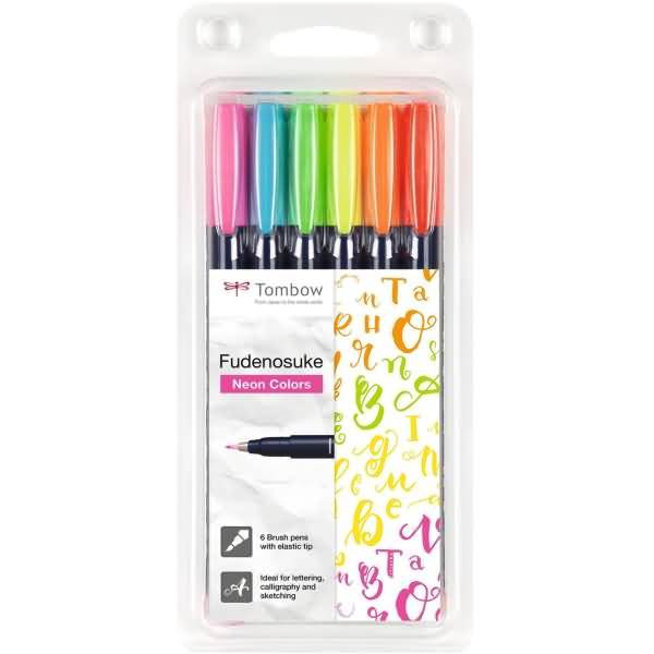 Fasermaler Brush Pen Fudenosuke weiche flexible Pinselspitze VE=6 Stück neonfarben