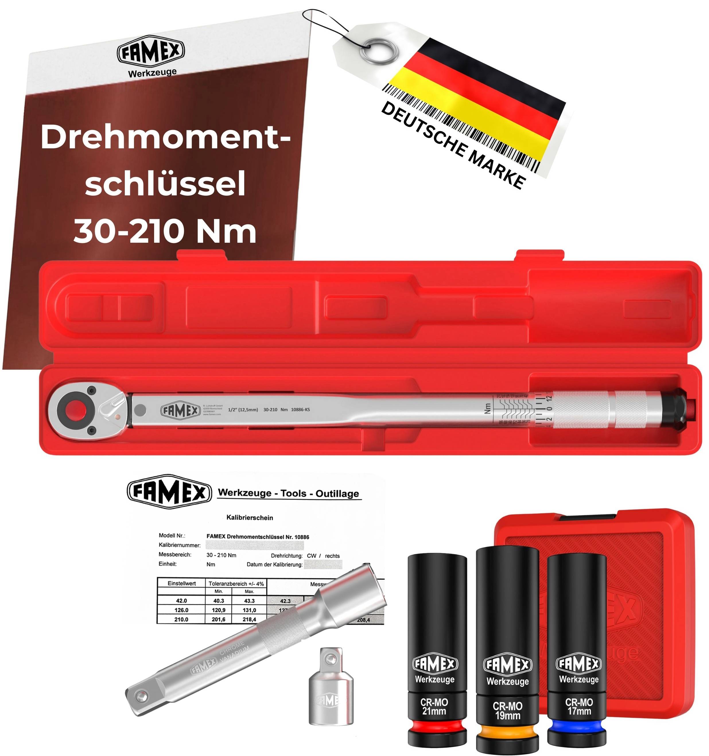 FAMEX 10886-3N Drehmomentschlüssel Set 1/2 Zoll (12,5mm) 30-210 Nm - mit Spezial-Einsätze für Radschrauben