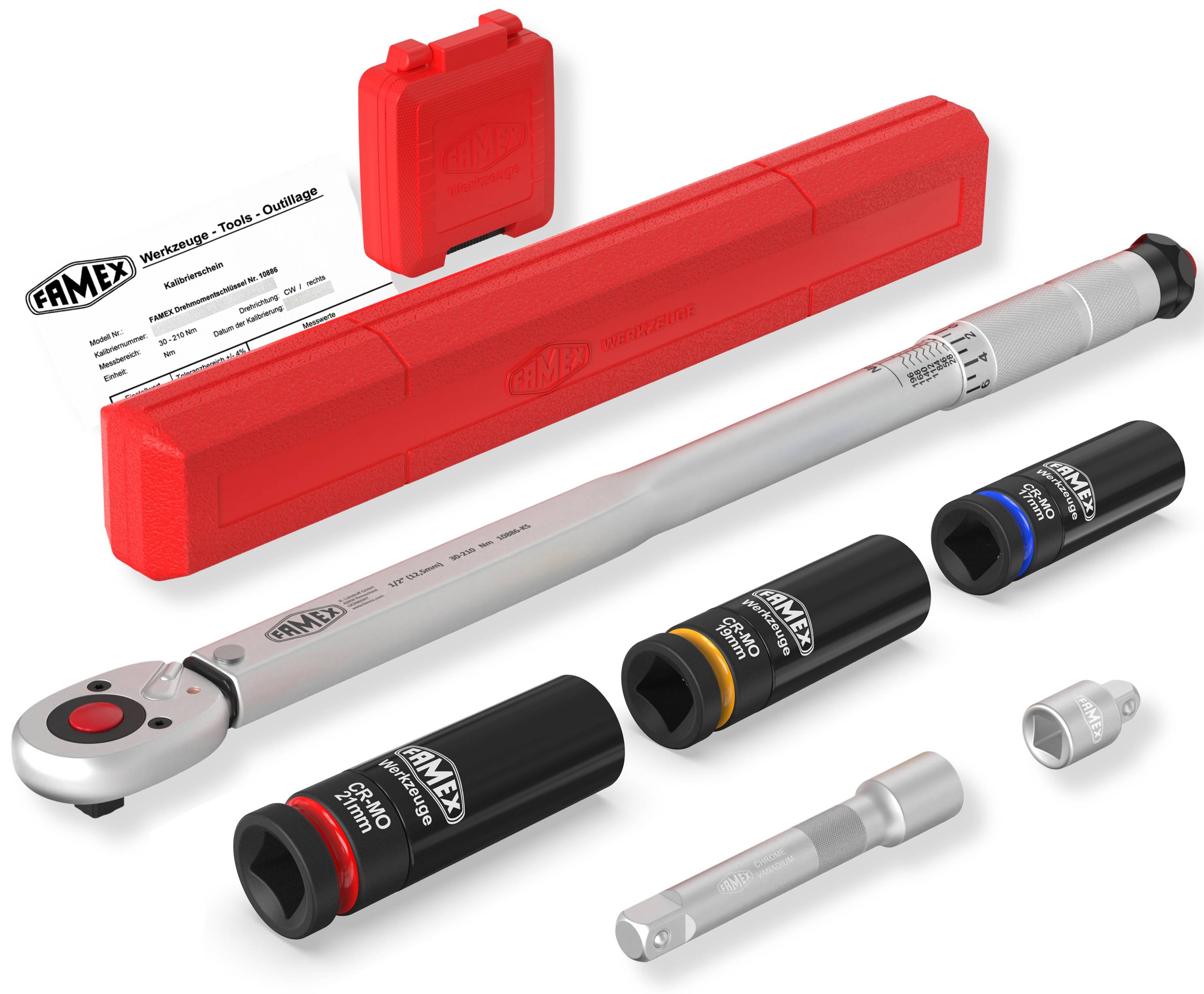 FAMEX 10886-3N Drehmomentschlüssel Set 1/2 Zoll (12,5mm) 30-210 Nm - mit Spezial-Einsätze für Radschrauben