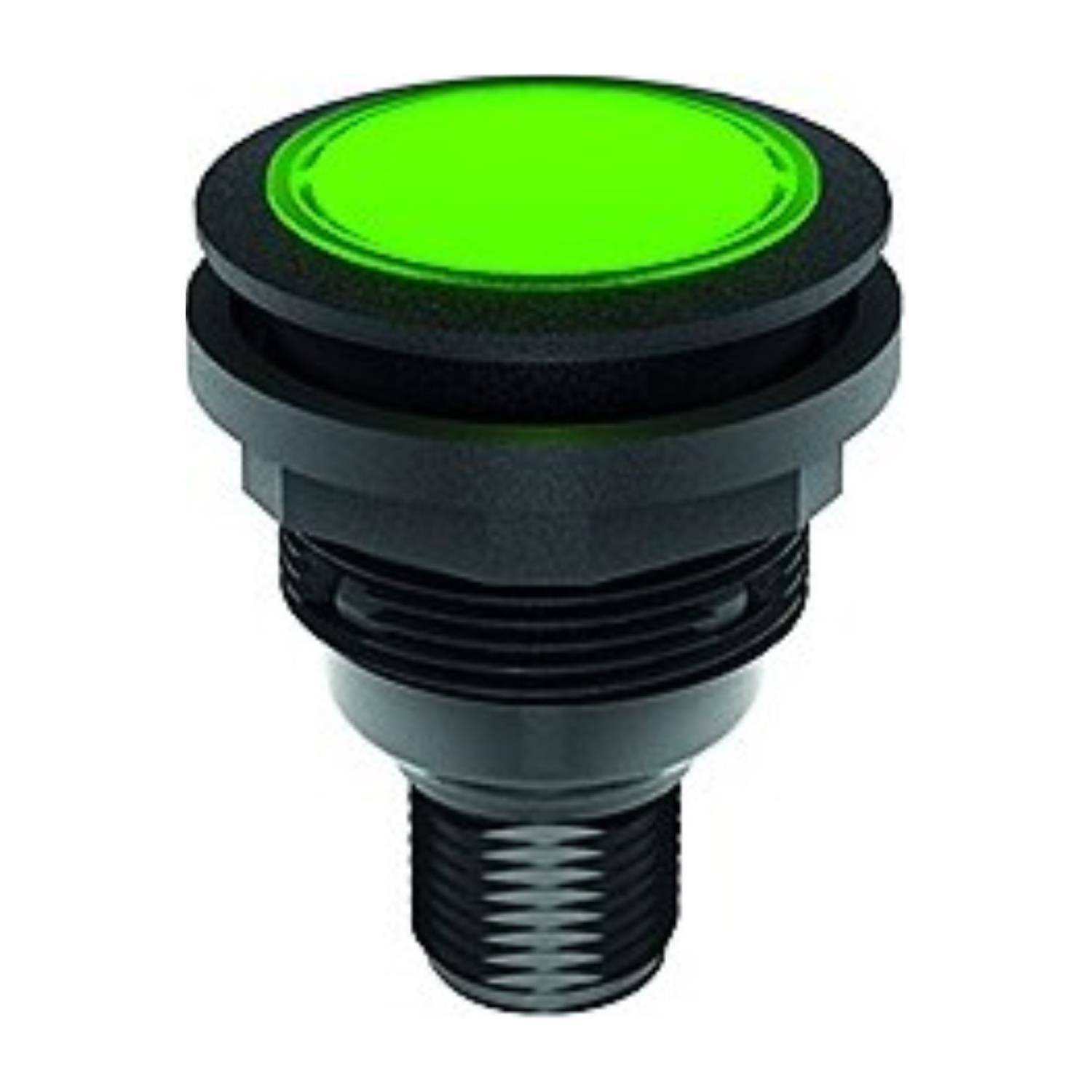 Ein runder grüner Druckknopf mit schwarzer Basis, verwendet für Bedienfelder von Maschinen oder elektronische Geräte.