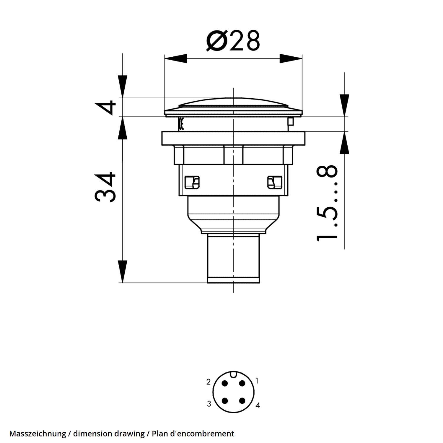 Technische Zeichnung eines kreisförmigen Geräts mit Abmessungen: Durchmesser 28 mm, Höhe 34 mm, einstellbare Höhe 1,5 bis 8 mm.