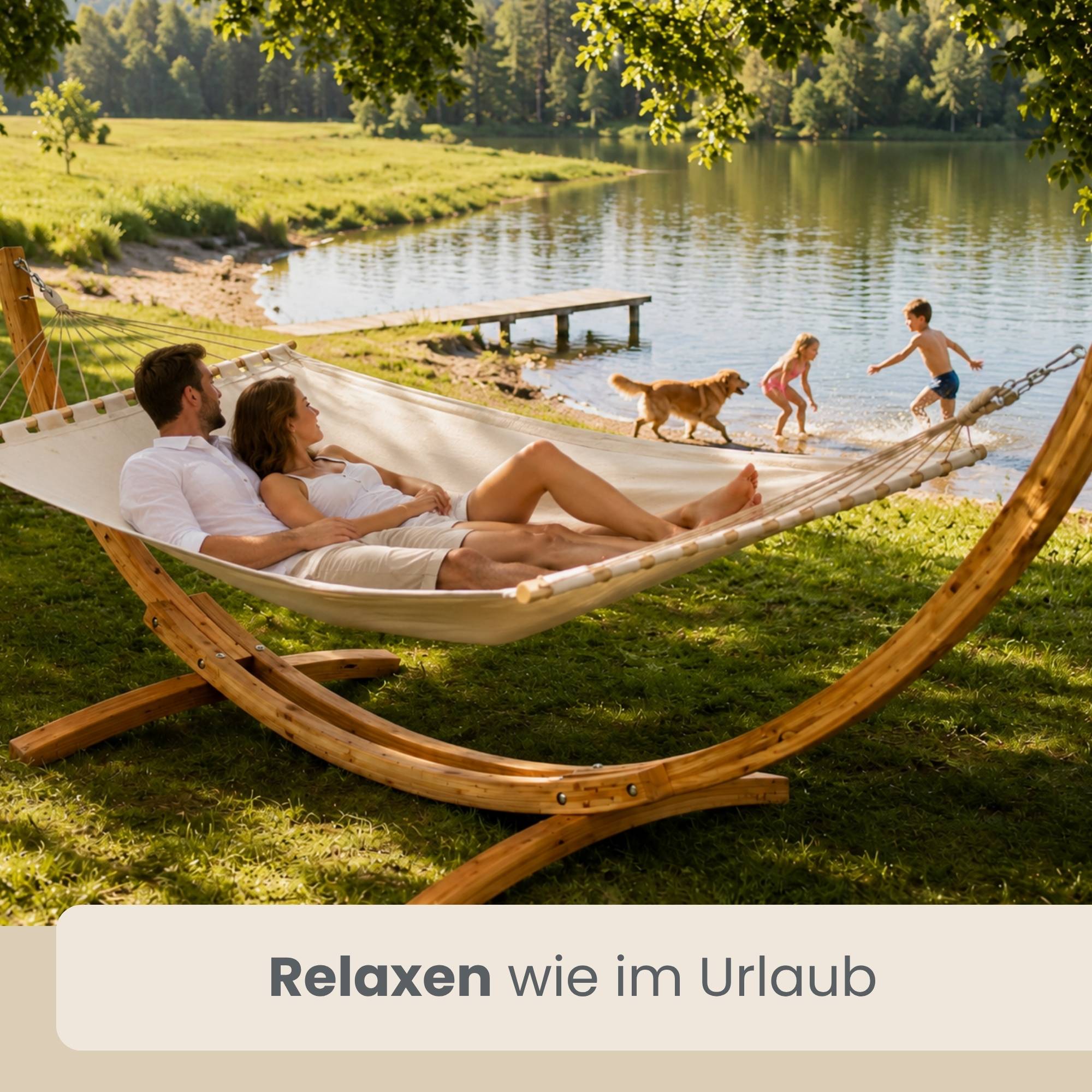XXL Hängematte mit Holzgestell 325 cm - Outdoor Set für 2 Personen bis 150 kg