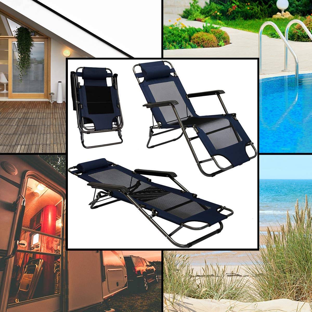 Liegestuhl 153x60cm Gartenliege Sonnenliege Campingliege inkl. Nackenstütze Blau