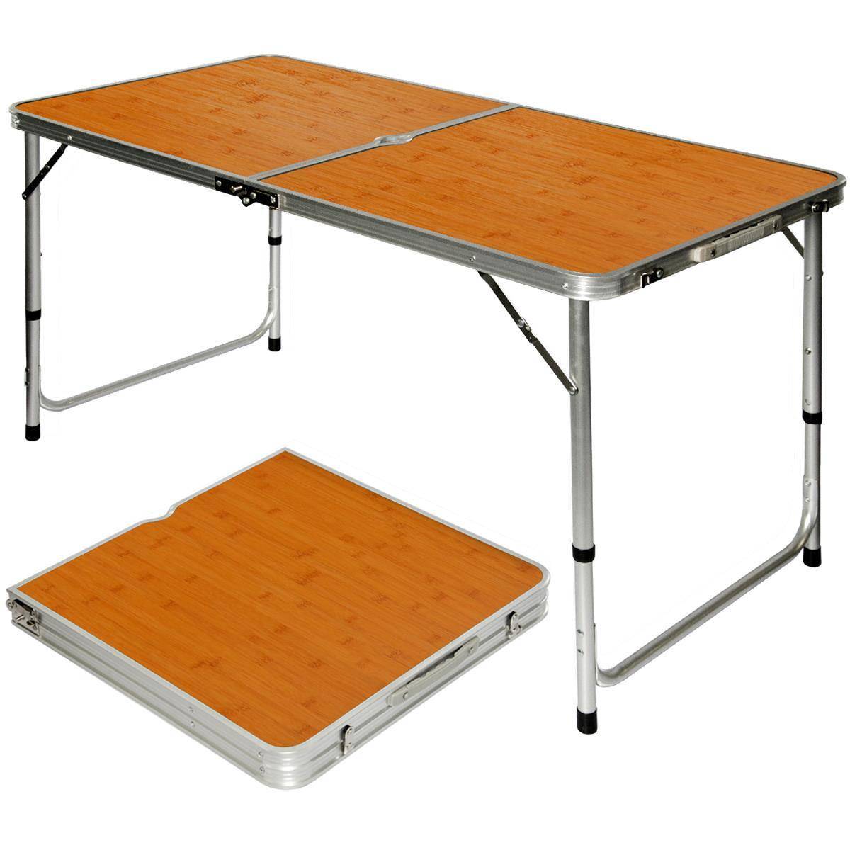 Klappbarer stabiler Campingtisch 120x60x70cm höhenverstellbar tragbar Kofferformat Aluminium Bambus