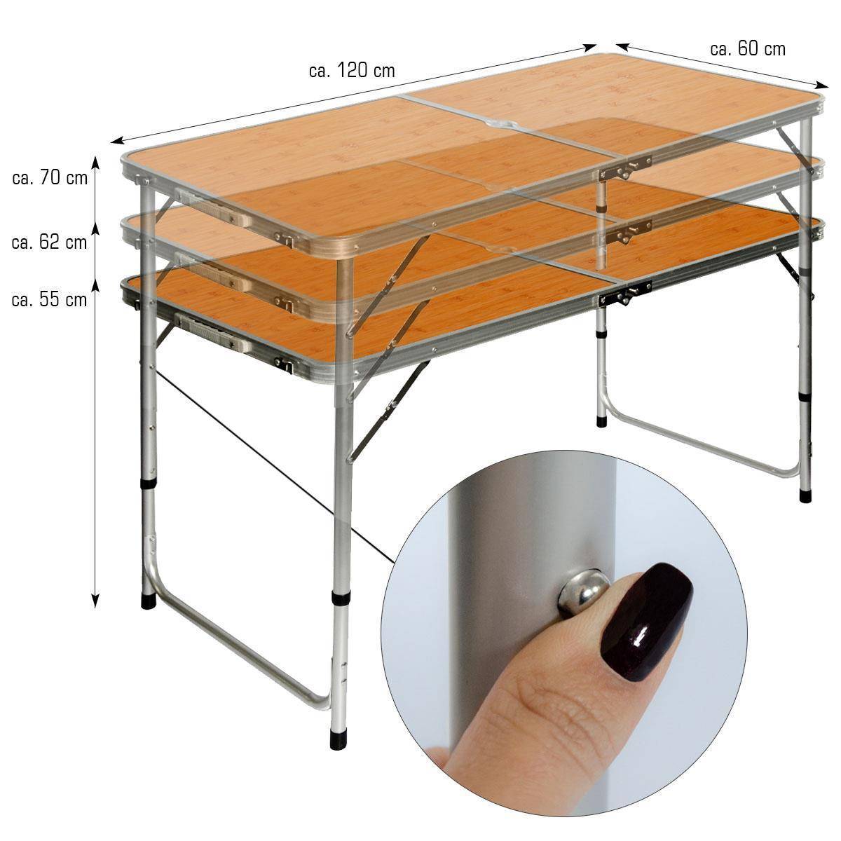 Klappbarer höhenverstellbarer Campingtisch 120x60x70cm mit 4 Falthocker Campingtischset Kofferformat