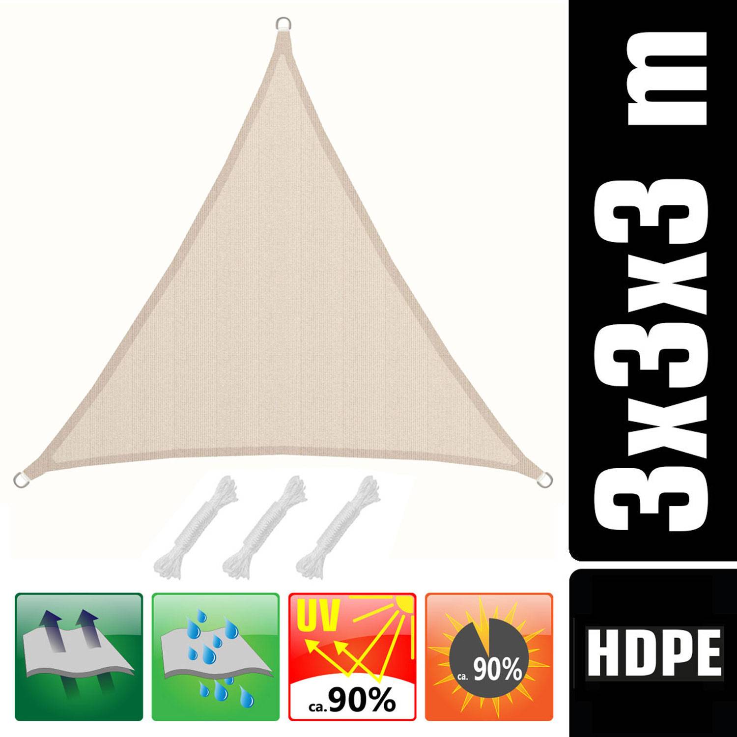 UV Sonnensegel 3x3x3 HDPE Dreieck Sonnenschutz Überdachung Balkon Garten Beige