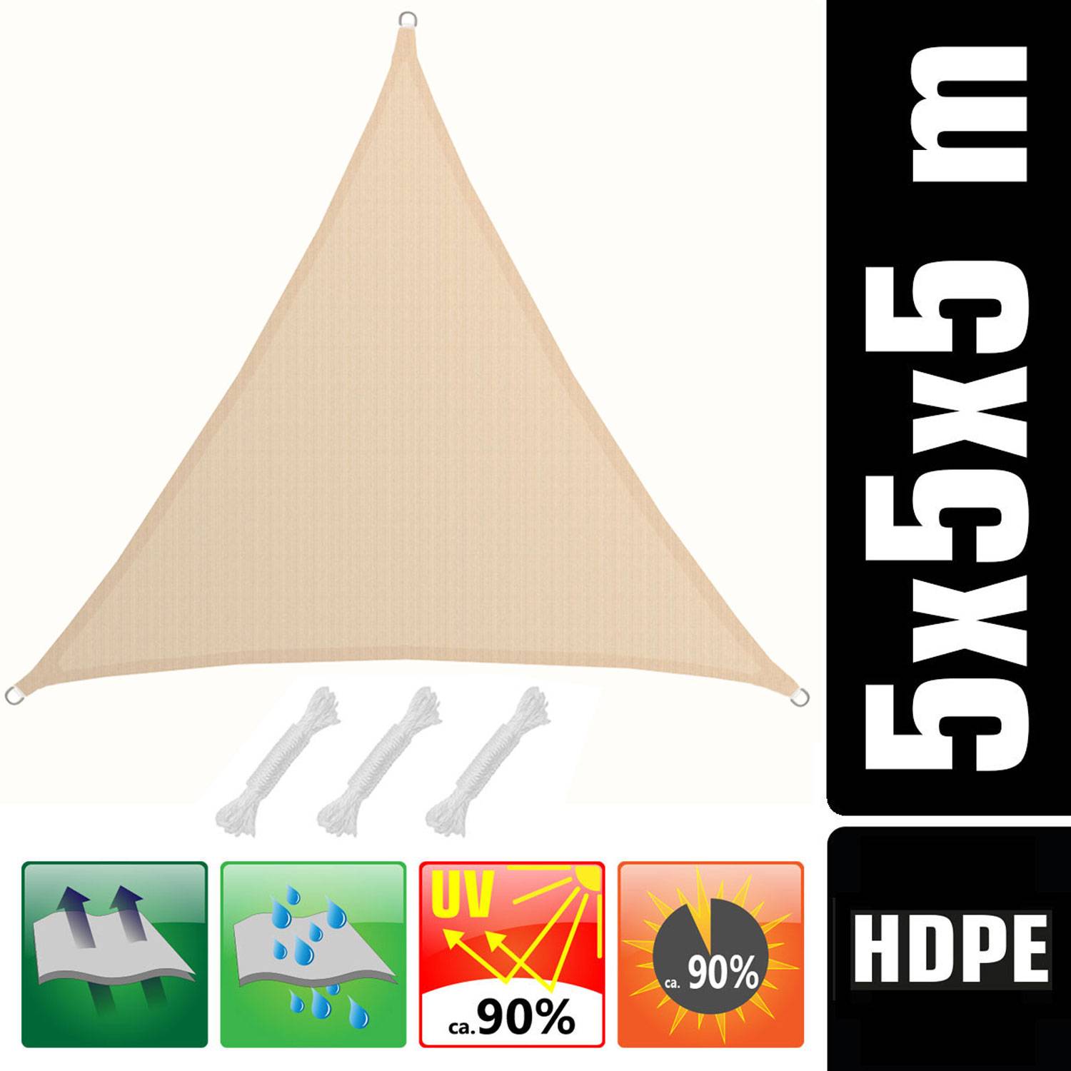 UV Sonnensegel 5x5x5 HDPE Dreieck Sonnenschutz Überdachung Balkon Garten Beige