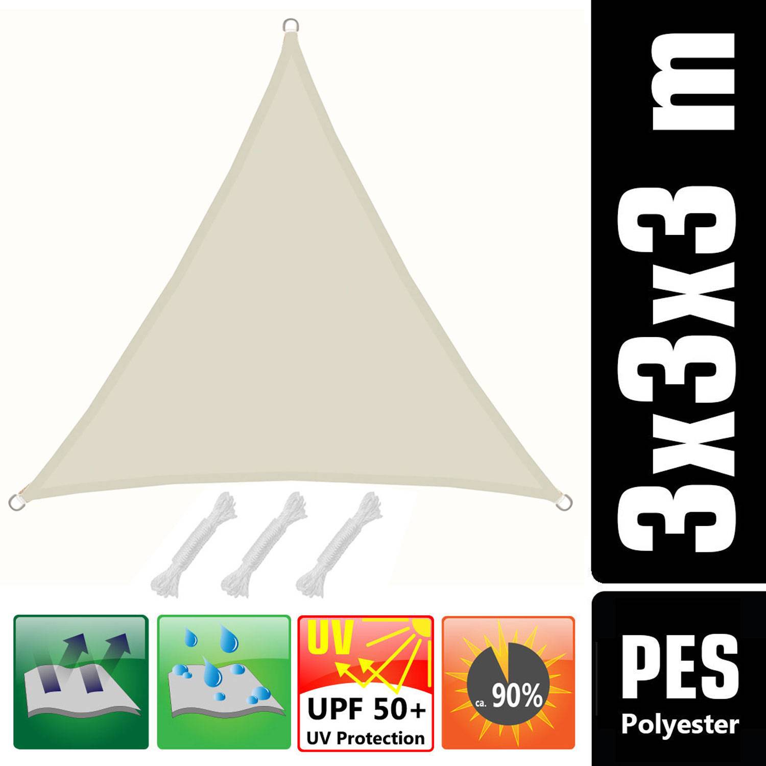 UPF50+ UV Sonnensegel 3x3x3 Polyester Dreieck Wasserabweisend Garten Segel Beige