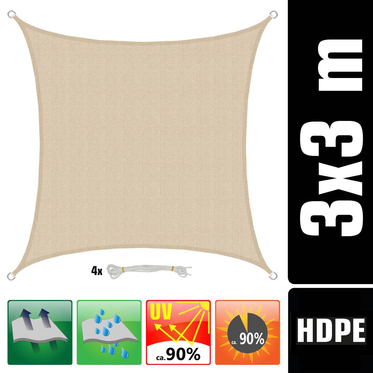 UV Sonnensegel 3x3 m HDPE Quadrat Sonnenschutz Überdachung Garten Balkon Beige