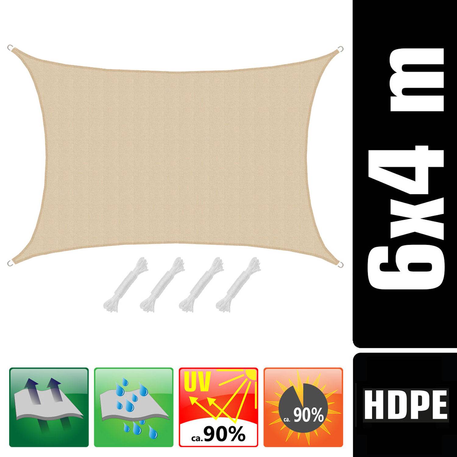 UV Sonnensegel 4x6 HDPE Rechteckig Sonnenschutz Überdachung Garten Balkon Beige