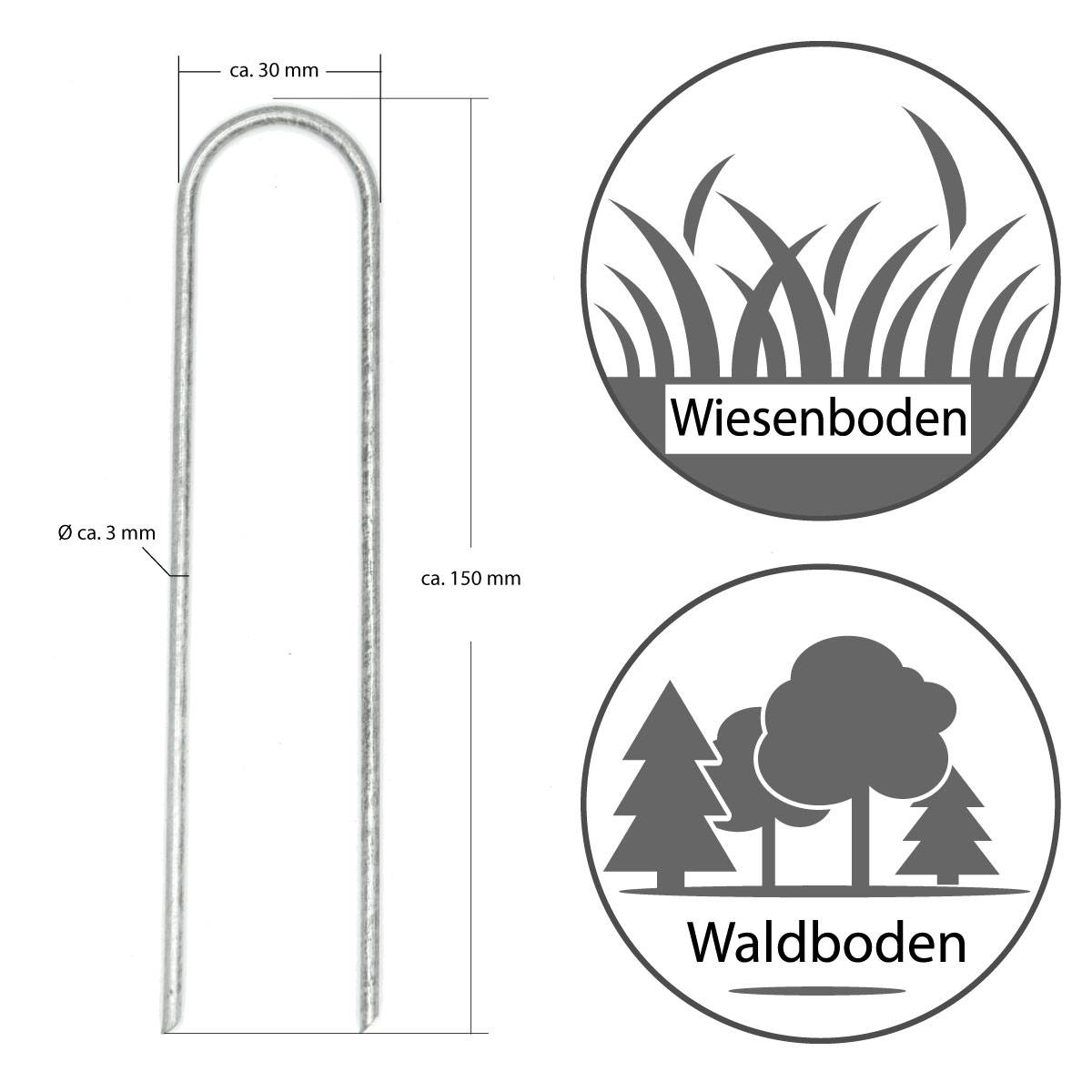 100 Stück Ø3,2mm Erdanker verzinkt 150x30mm Befestigungsanker Unkraut-Vlies Stahl Erdnägel Bodenanker U-Form rund