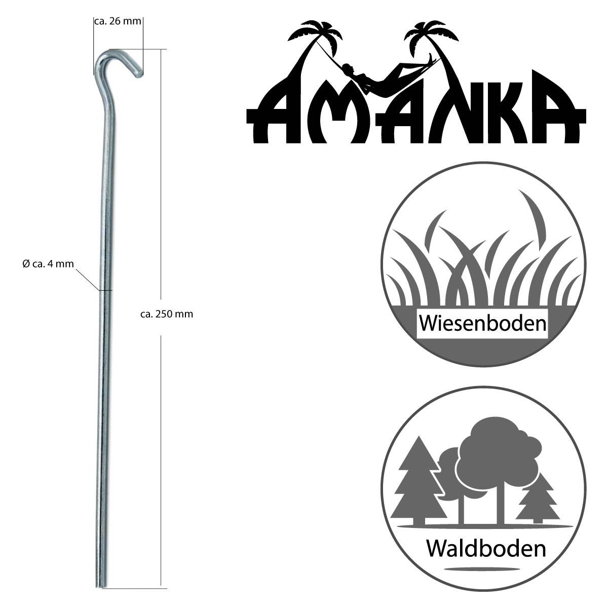 10 Runde Zelt-Heringe Erdnägel 250x4mm Bodenanker Camping-Zeltnägel Erdanker Robust Stabil Verzinkt