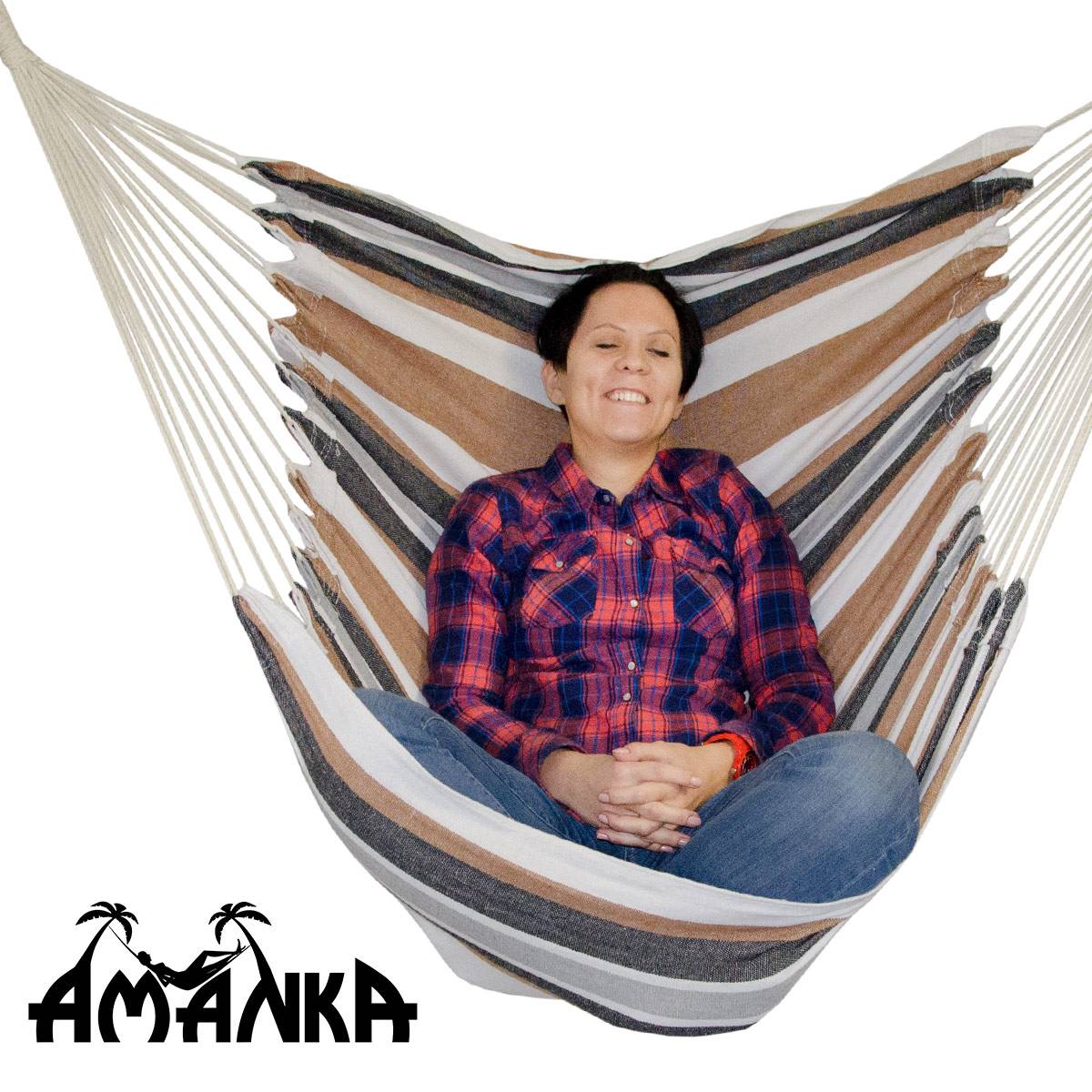 Hängestuhl HMG-26 110x145cm XL Hängesessel aus 100% Baumwolle | Hängesitz max. 150KG belastbar | tragbare waschbare Hängematte Beige-Braun