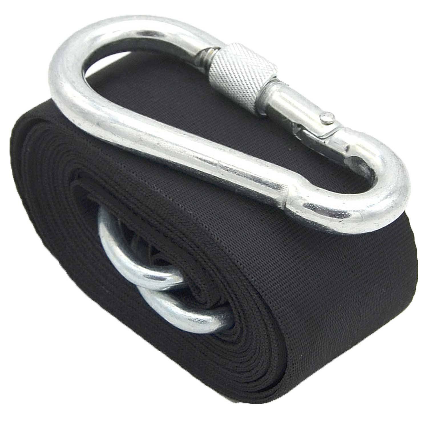 Schwarzes gerolltes Gewebeband mit an der Oberseite befestigten Metallkarabinerhaken und teilweise sichtbar im Inneren der Rolle.