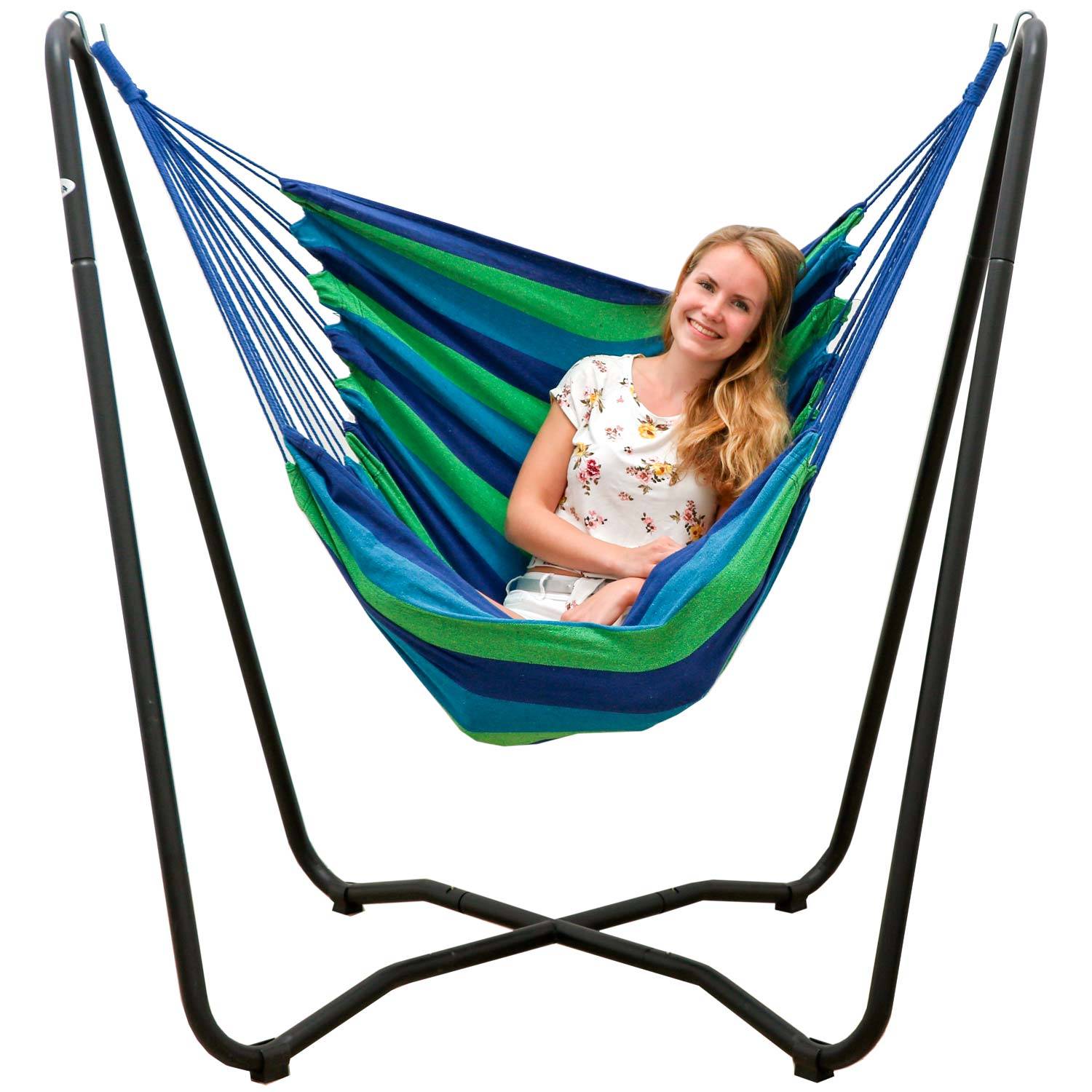 Hängestuhlgestell HSG-154 inkl. Hängestuhl HMG-26 Blau-grün gestreift