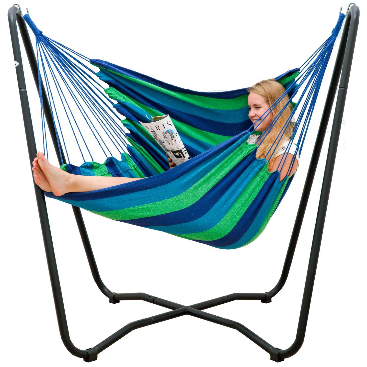 Hängestuhlgestell HSG-154 inkl. Hängestuhl HMG-26 Blau-grün gestreift