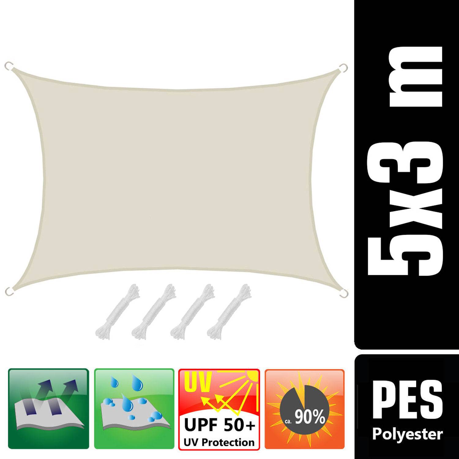 UPF50+ UV Sonnensegel 3x5 Polyester Rechteck Wasserabweisend Garten Balkon Beige