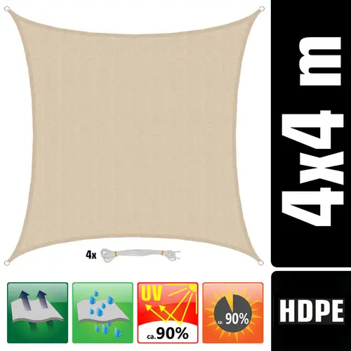 UV Sonnensegel 4x4 m HDPE Quadrat Sonnenschutz Überdachung Garten Balkon Beige UV Sonnensegel 4x4 m HDPE Quadrat Sonnenschutz Überdachung Garten Balkon Beige