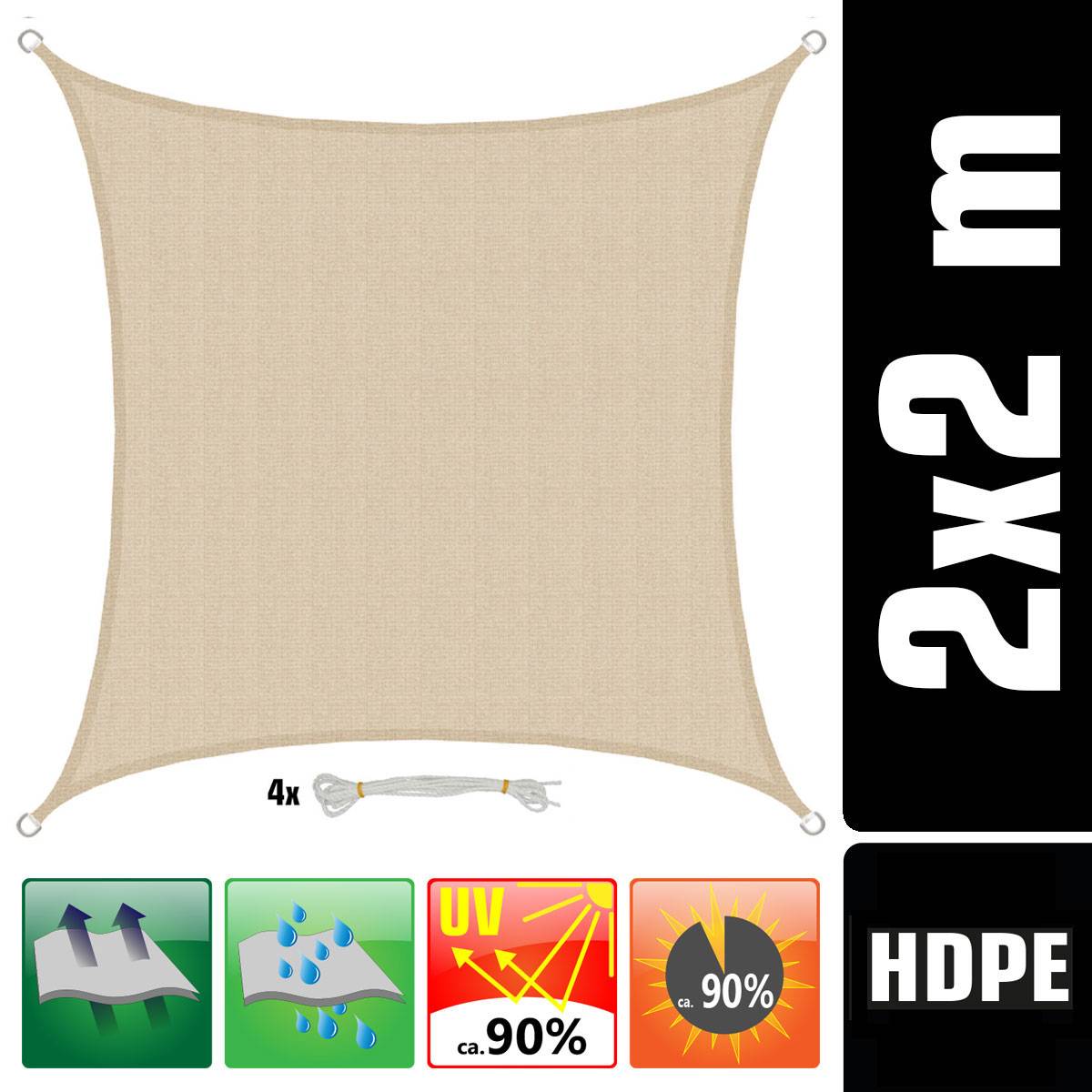 UV Sonnensegel 2x2 m HDPE Quadrat Sonnenschutz Überdachung Garten Balkon Beige
