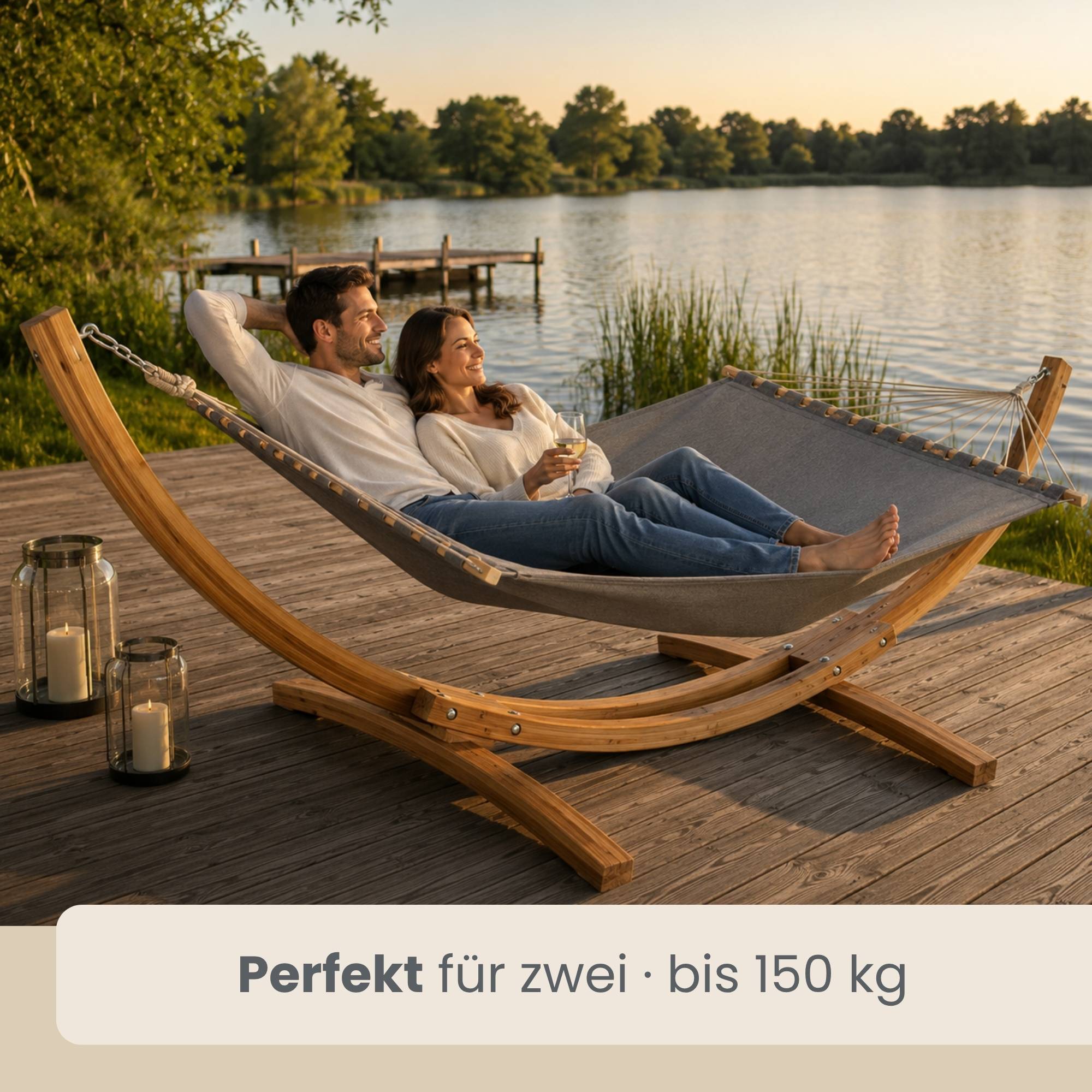 XXL Hängematte mit Holzgestell 325 cm - Outdoor Set für 2 Personen bis 150 kg