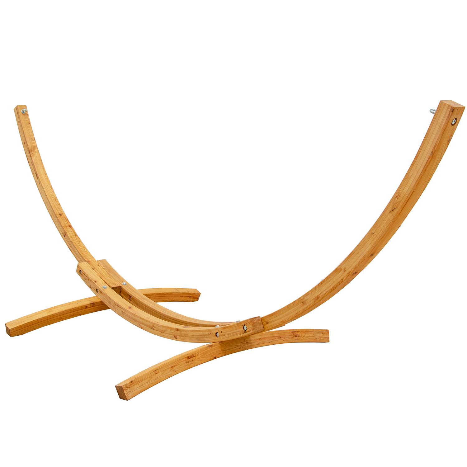 Gebogenes Holzschaukelgestell mit Querverstrebungen, dargestellt auf weißem Hintergrund.