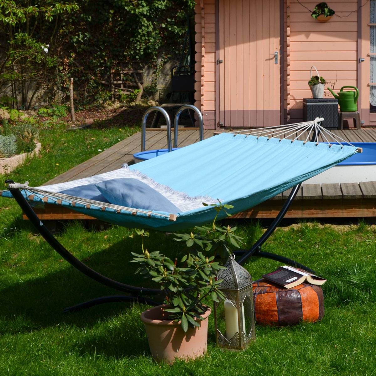 XXL Stabhängematte 200x120 Doppelhängematte 2 Personen Garten Hängematte Blau