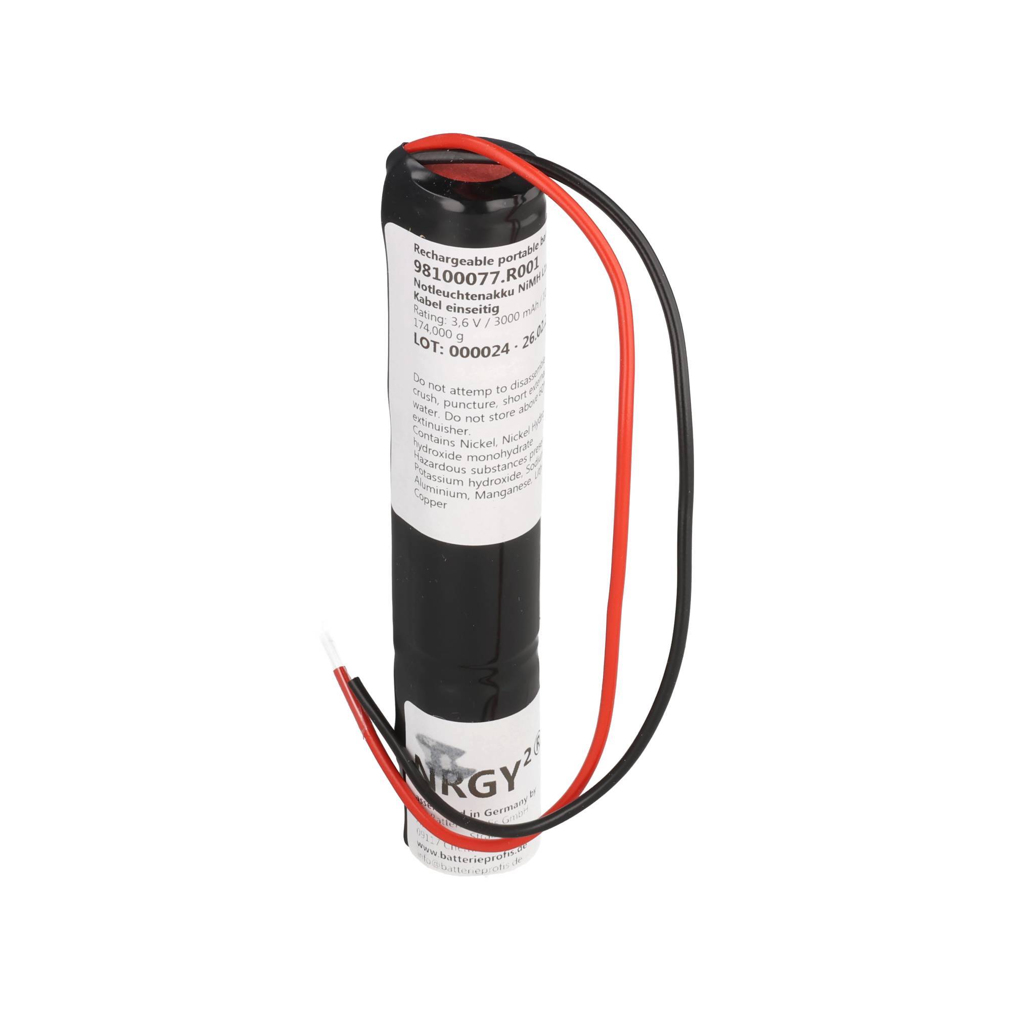 Akku für Notbeleuchtung 3,6 Volt 3000mAh, NiMH Akku, L1x3 Sub-C mit Kabeln