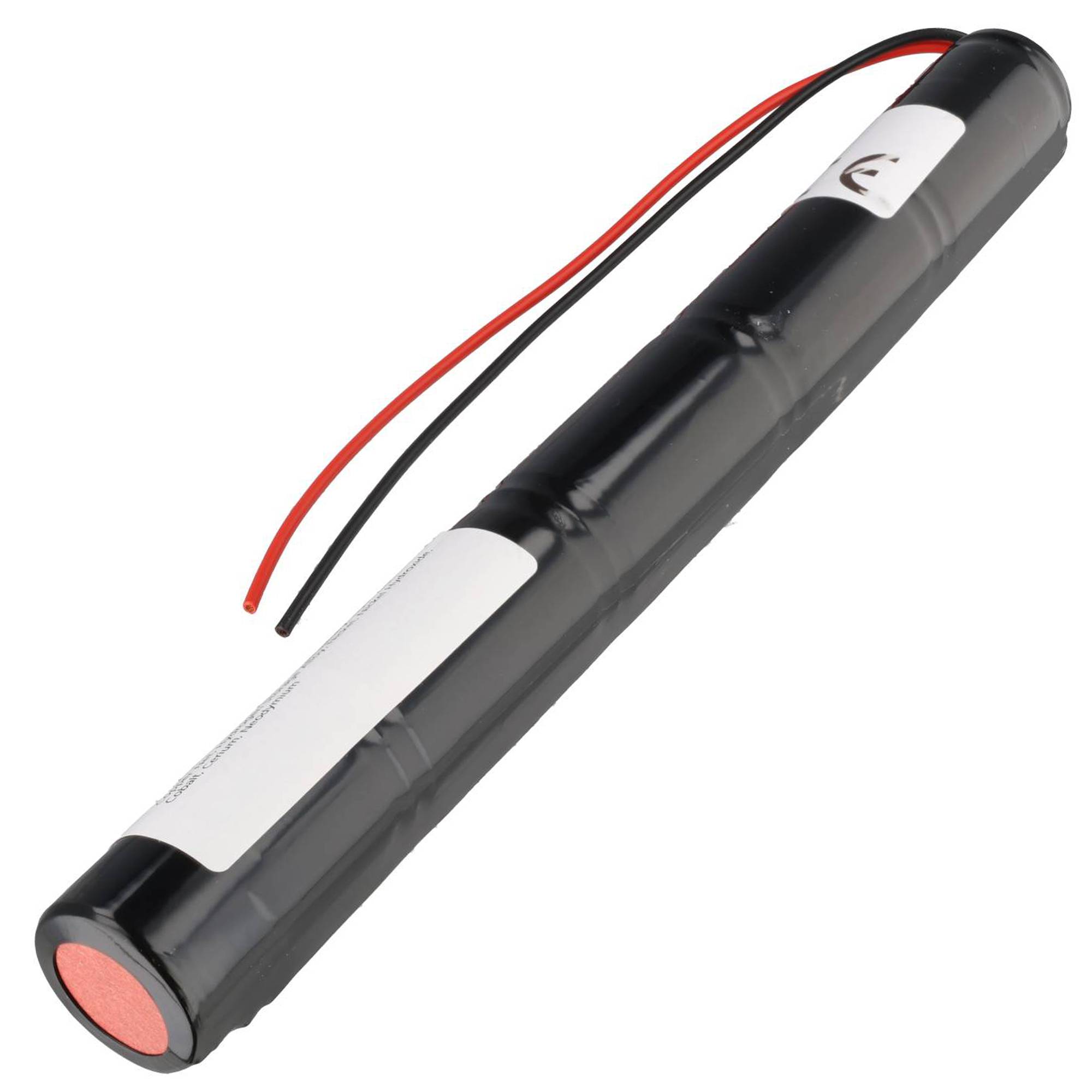Schwarzes zylindrisches Batteriepaket mit angebrachten roten und schwarzen Drähten und einem Steckerende.