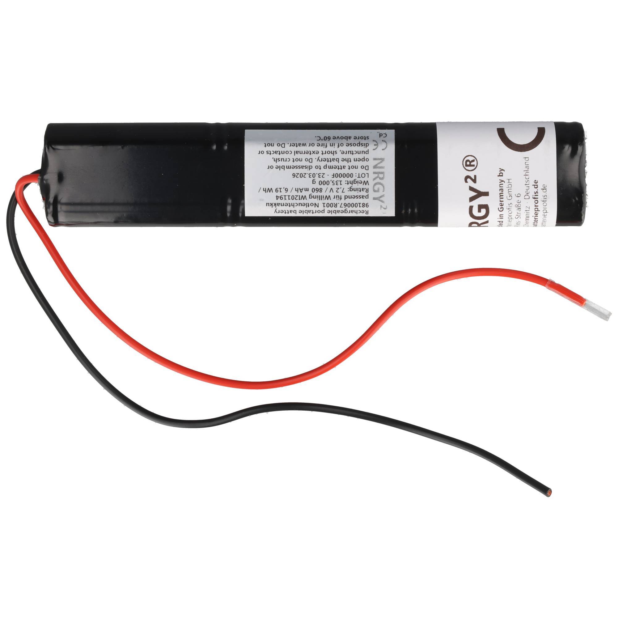 Schwarzes zylindrisches wiederaufladbares Batteriepaket mit roten und schwarzen Drähten, die sich von einem Ende erstrecken