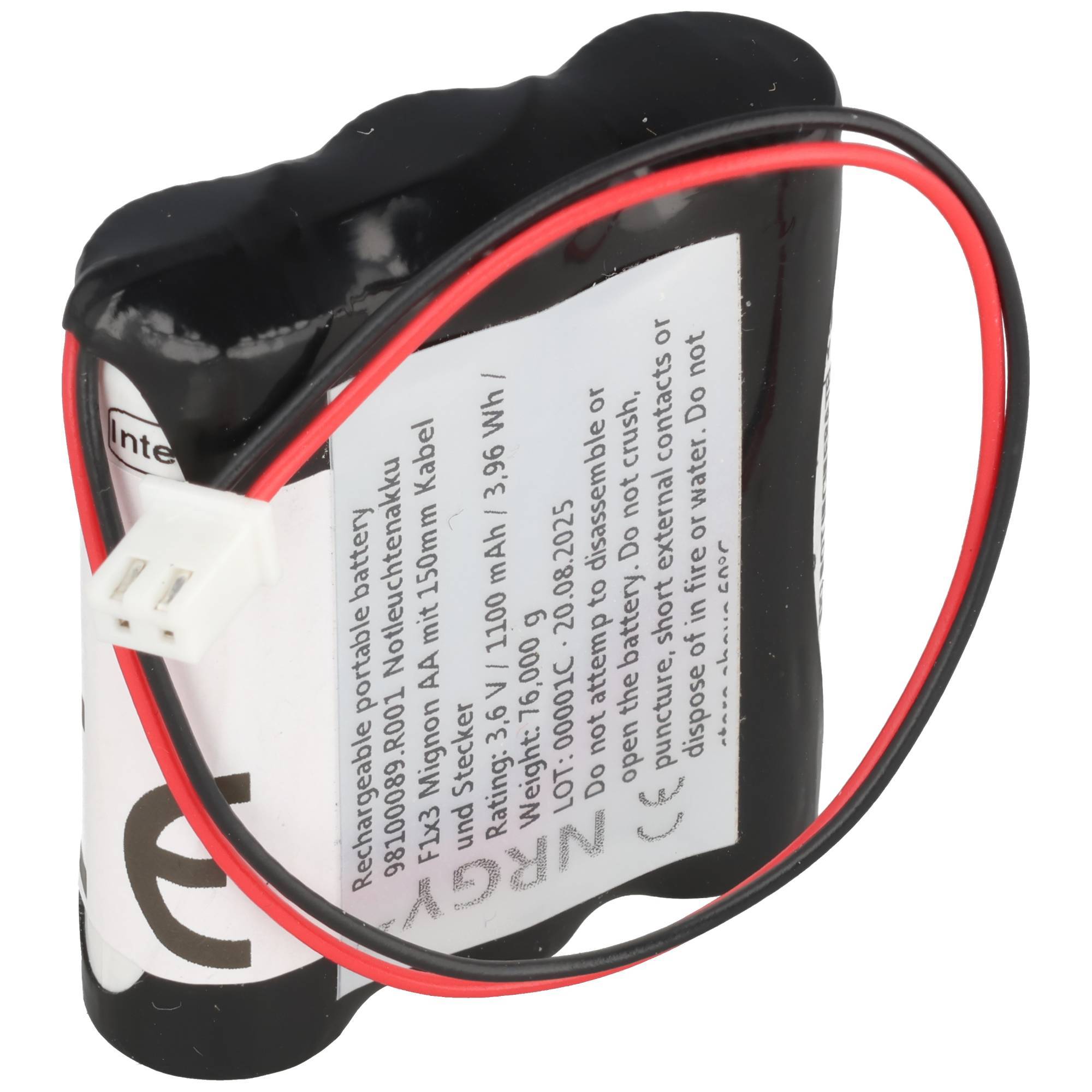 Notleuchtenakku NiMH 3,6V 1100mAh F1x3 Mignon AA mit 150mm Kabel und Stecker passend für 3,6 V Akku