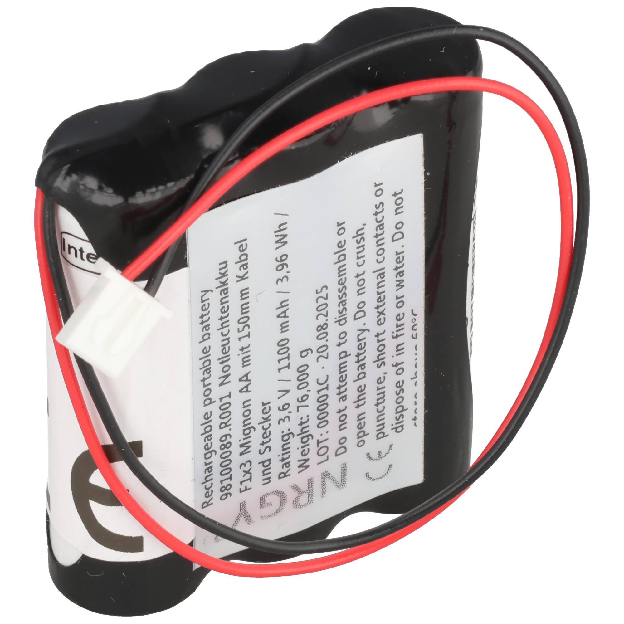 Notleuchtenakku NiMH 3,6V 1100mAh F1x3 Mignon AA mit 150mm Kabel und Stecker passend für 3,6 V Akku