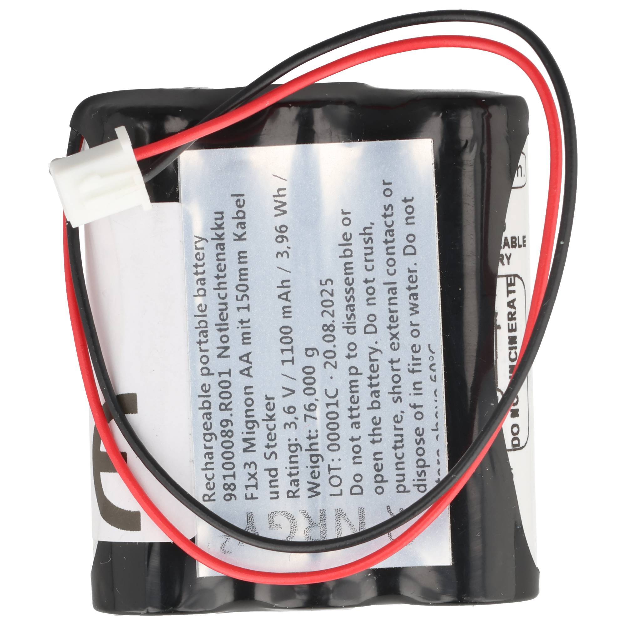 Notleuchtenakku NiMH 3,6V 1100mAh F1x3 Mignon AA mit 150mm Kabel und Stecker passend für 3,6 V Akku
