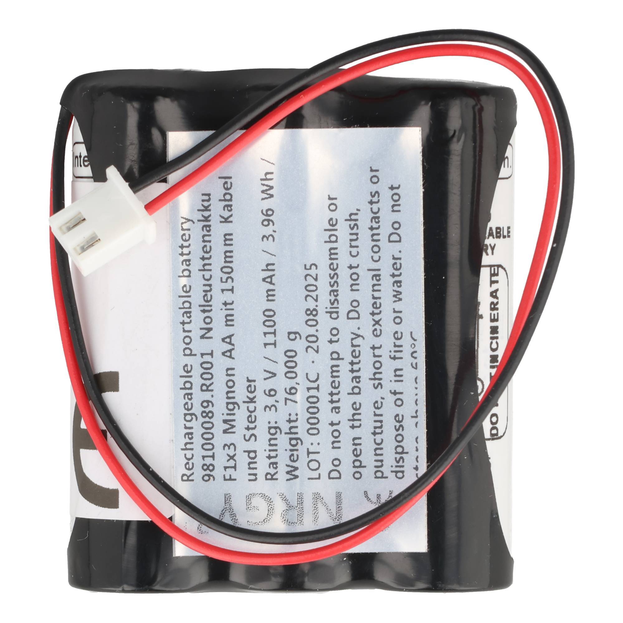 Notleuchtenakku NiMH 3,6V 1100mAh F1x3 Mignon AA mit 150mm Kabel und Stecker passend für 3,6 V Akku