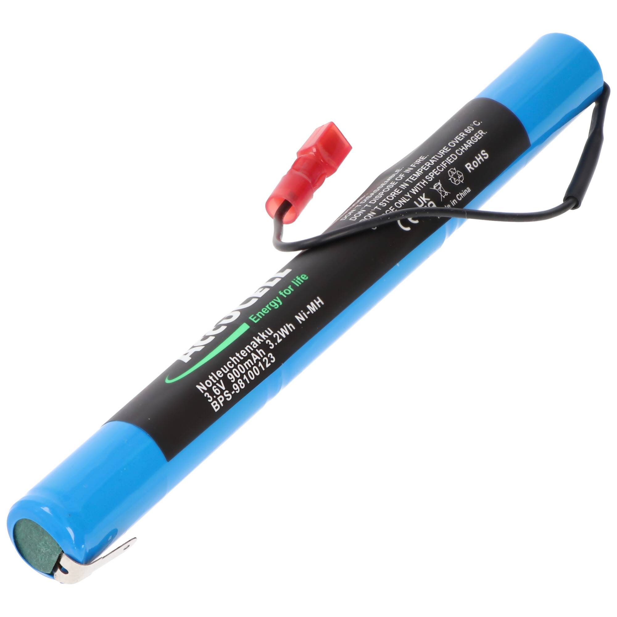 Notleuchtenakku NiCd 3,6V 860mAh L1x3 Mignon AA mit Fastonstecker 2,8mm +Pol und 110mm Kabel und Faston-Buchse 2,8mm -Po