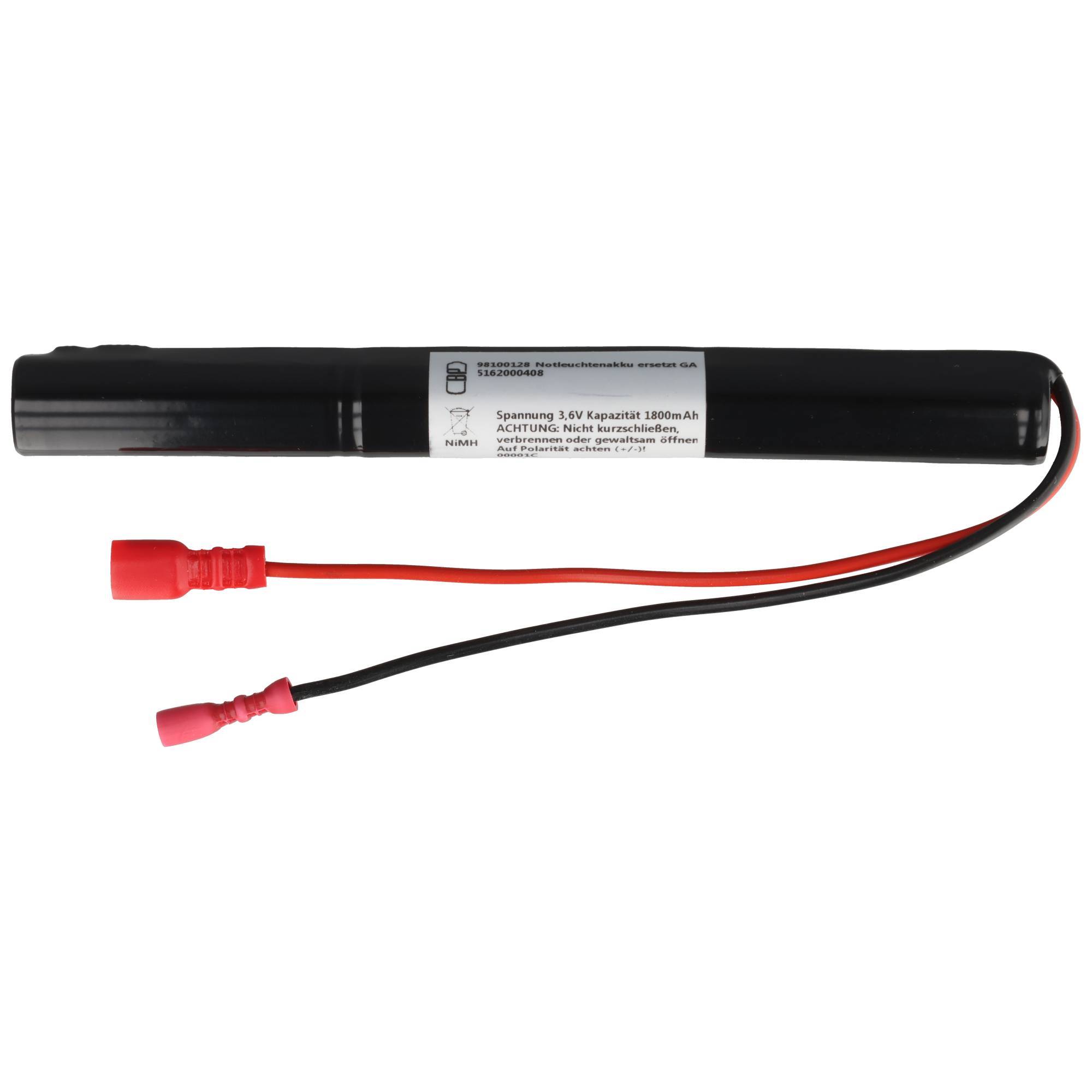 Schwarzes zylindrisches wiederaufladbares Batteriepaket mit roten und schwarzen Bleidrahtdrähten und Anschlüssen auf weißem Hintergrund.