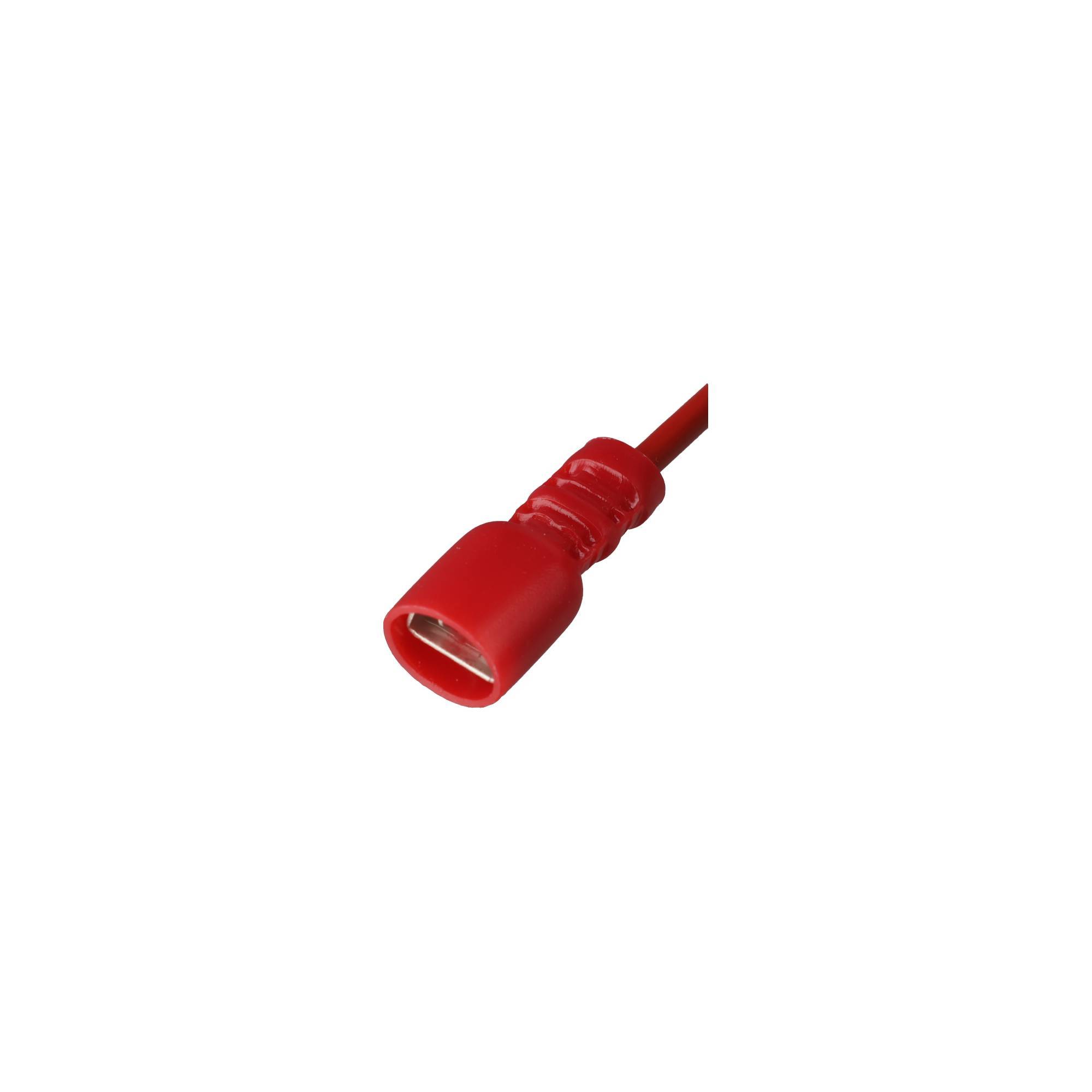 Roter Stromstecker auf einem Kabel vor weißem Hintergrund.