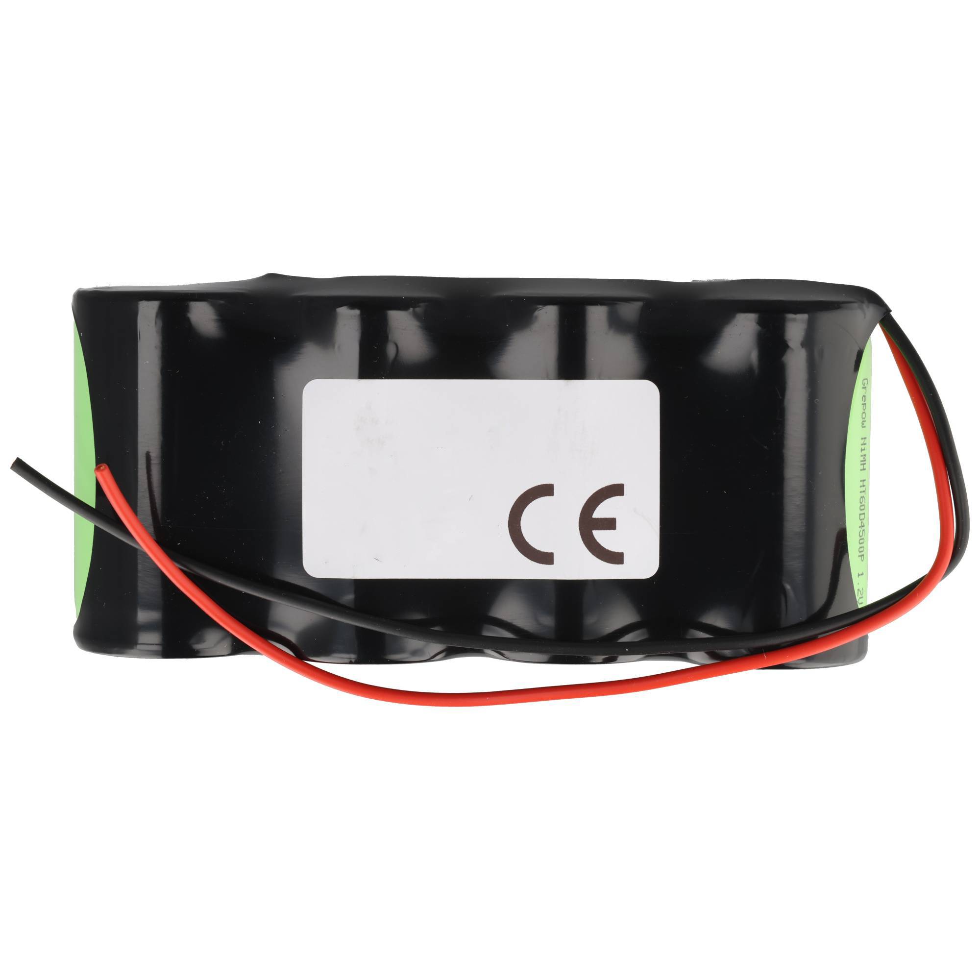 Schwarzes Batteriepack mit roten und schwarzen Kabeln und CE-Kennzeichnung, dargestellt auf weißem Hintergrund.