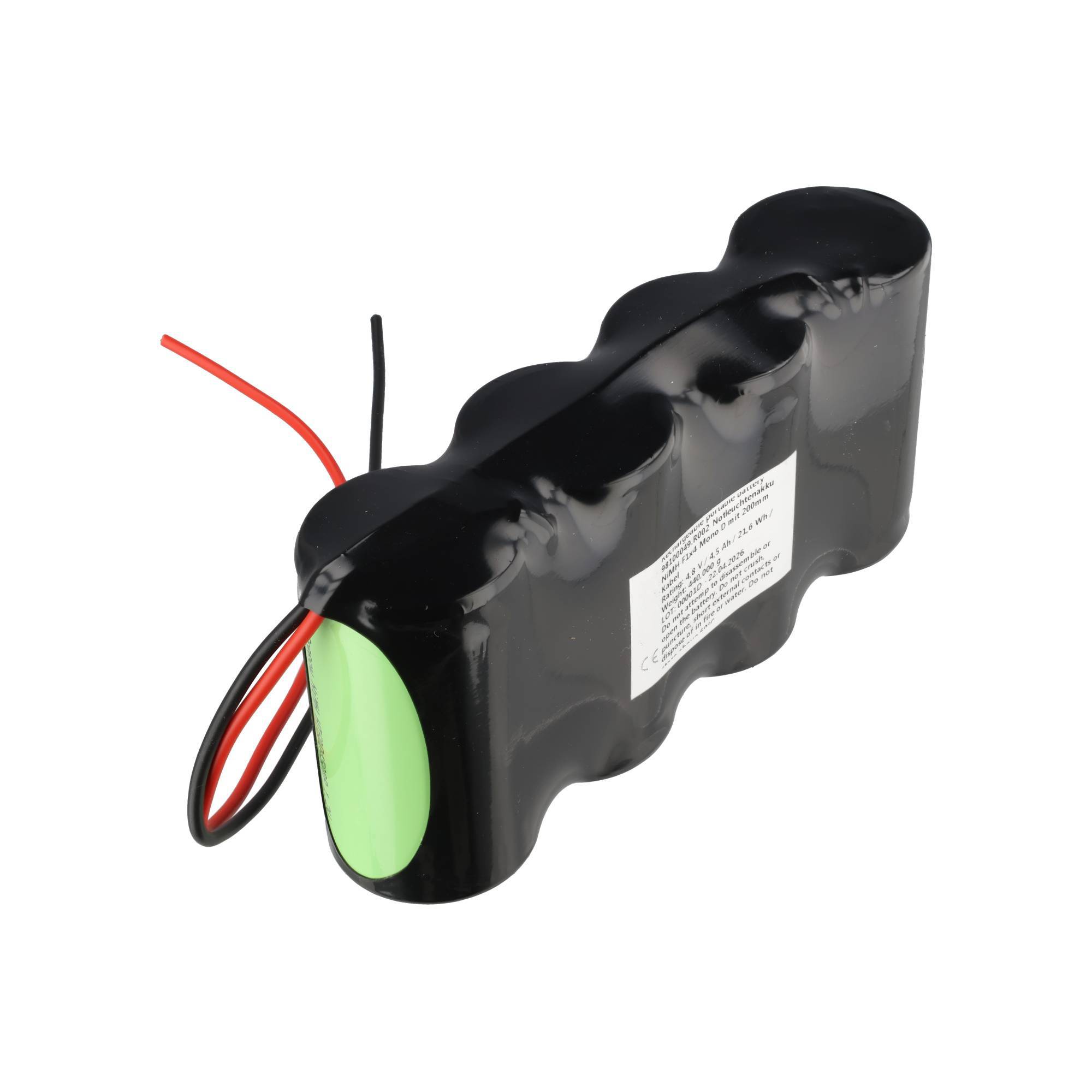 Schwarzes wiederaufladbares Batteriepaket mit roten, schwarzen und gelben Drähten und einer grünen Endkappe auf weißem Hintergrund.