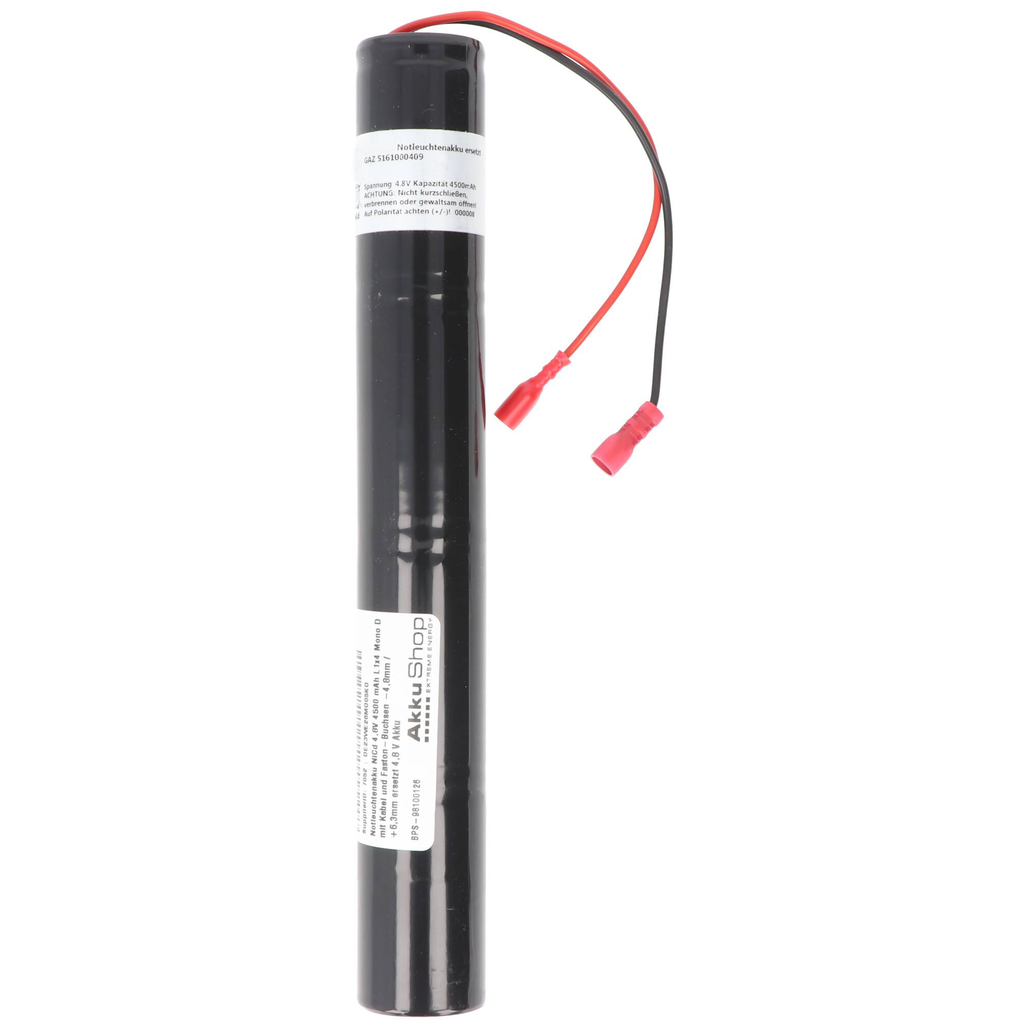 Notleuchtenakku NiMH 4,8V 4500 mAh L1x4 Mono D mit Kabel und Faston-Buchsen -4,8mm / +6,3mm ersetzt 4,8 V Akku