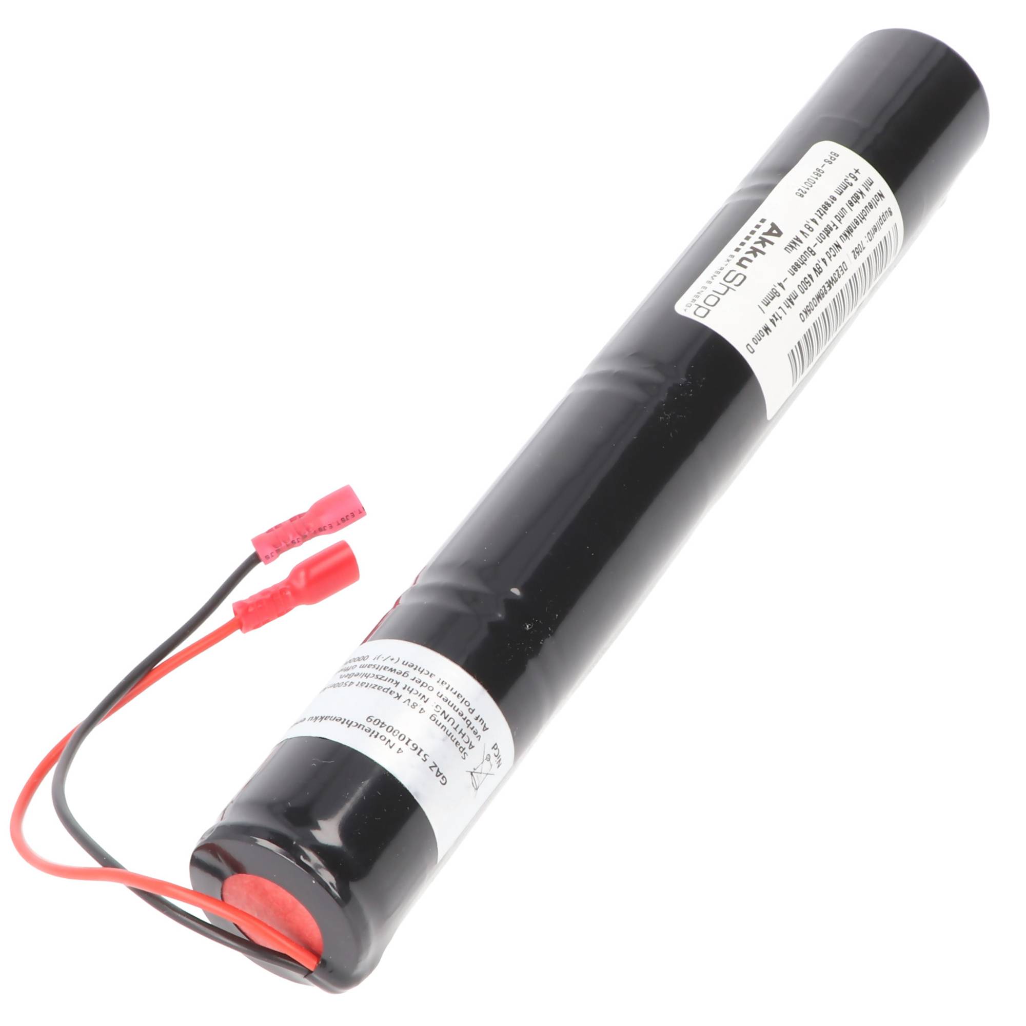 Notleuchtenakku NiMH 4,8V 4500 mAh L1x4 Mono D mit Kabel und Faston-Buchsen -4,8mm / +6,3mm ersetzt 4,8 V Akku