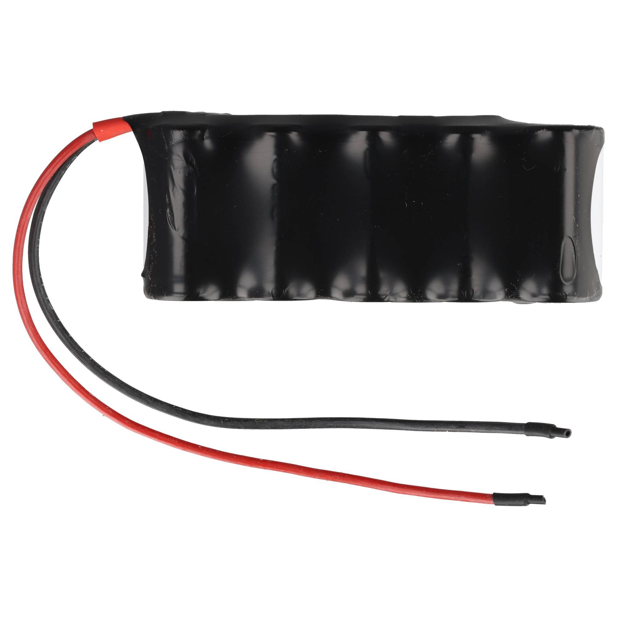Schwarzes wiederaufladbares Batteriepaket mit rot- und schwarzen Kabeln, die auf weißem Hintergrund angebracht sind.