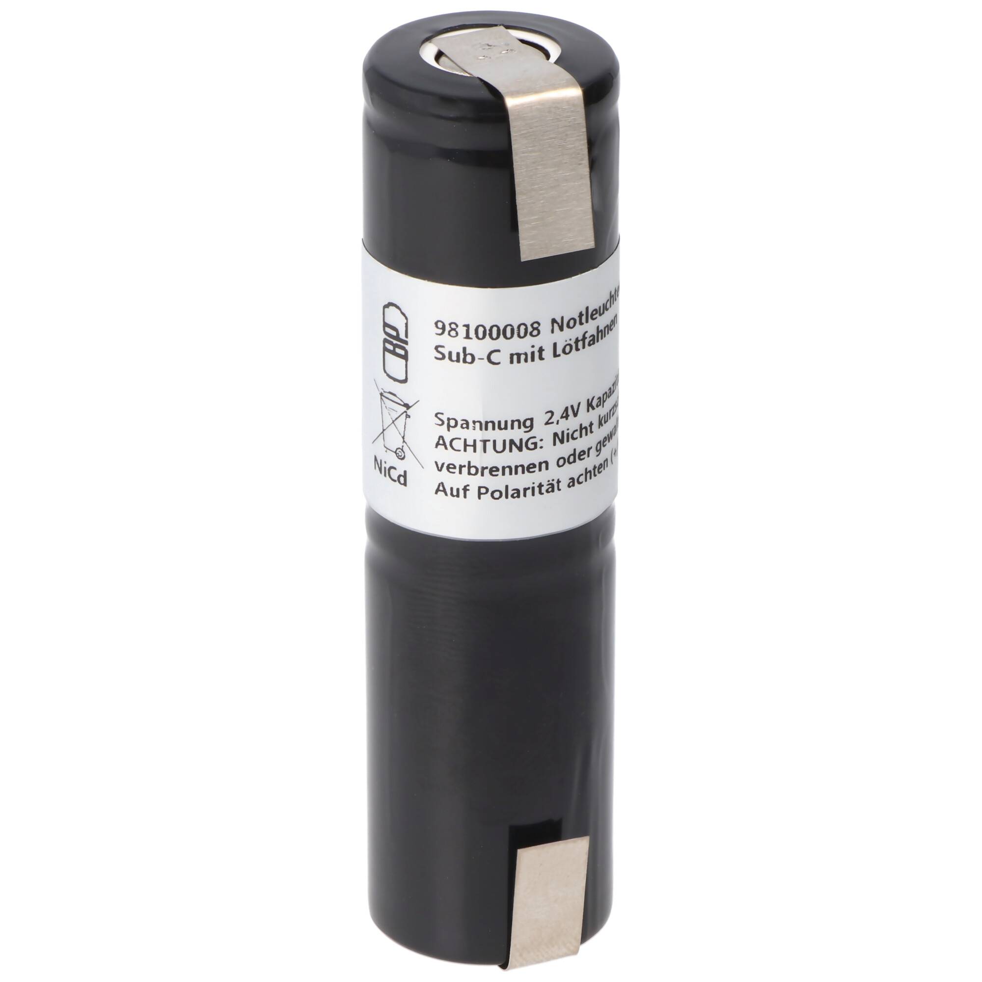 Notleuchtenakku NiMH 2,4V 1800mAh L1x2 Sub-C mit Lötfahnen ersetzt 2,4 V Akku, Abmessungen 23 x 86 mm (Ø x H)
