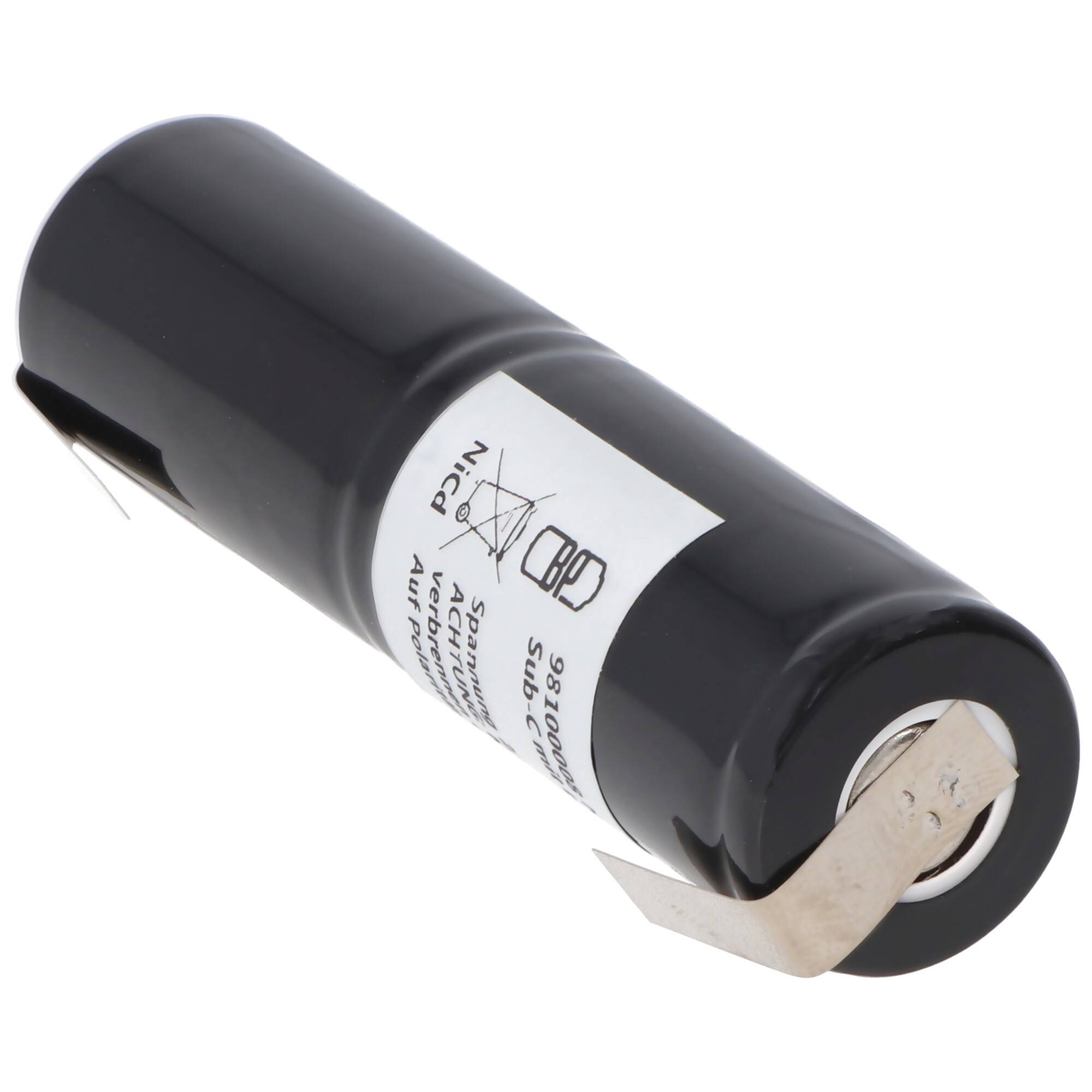 Notleuchtenakku NiMH 2,4V 1800mAh L1x2 Sub-C mit Lötfahnen ersetzt 2,4 V Akku, Abmessungen 23 x 86 mm (Ø x H)