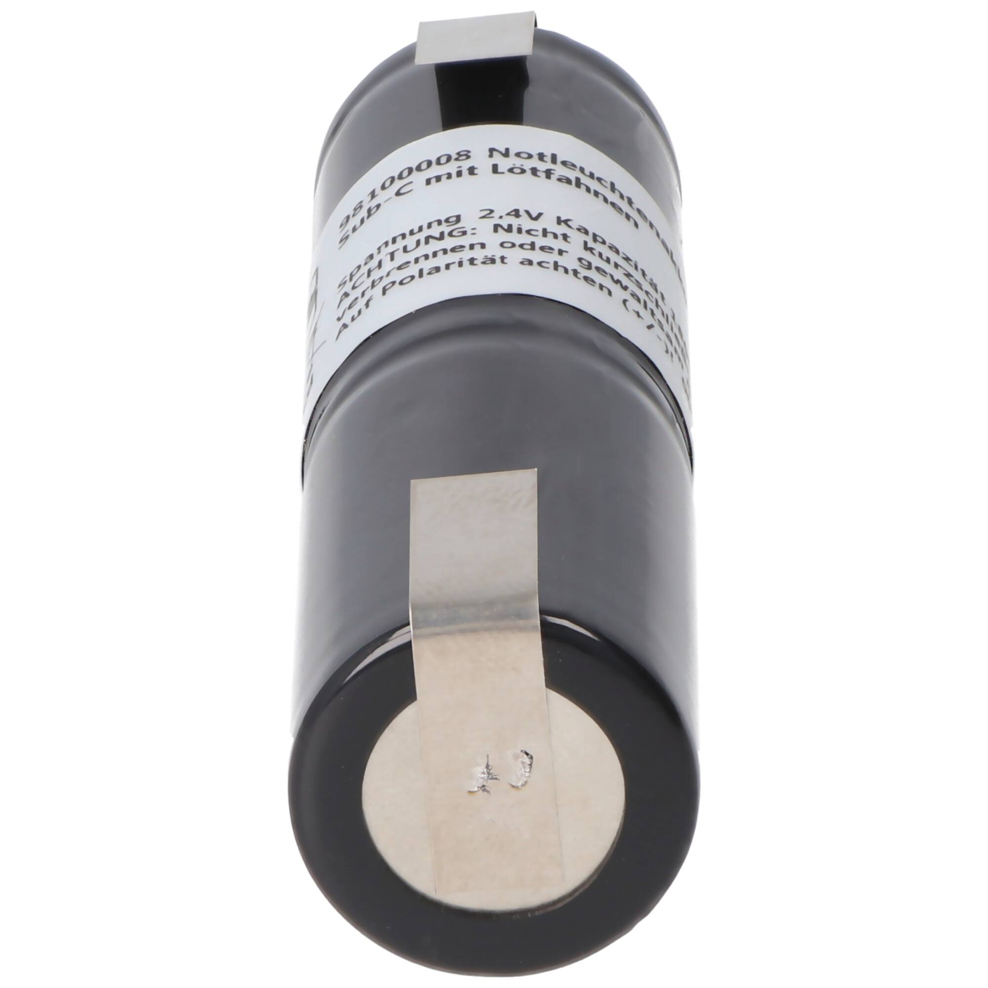 Notleuchtenakku NiMH 2,4V 1800mAh L1x2 Sub-C mit Lötfahnen ersetzt 2,4 V Akku, Abmessungen 23 x 86 mm (Ø x H)