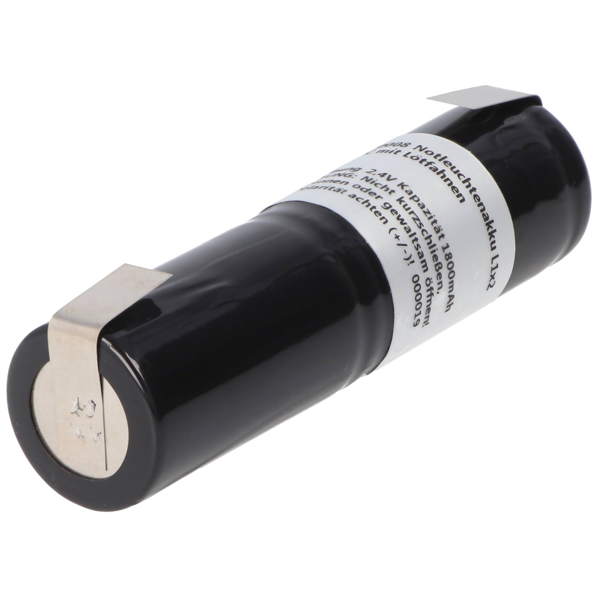 Notleuchtenakku NiMH 2,4V 1800mAh L1x2 Sub-C mit Lötfahnen ersetzt 2,4 V Akku, Abmessungen 23 x 86 mm (Ø x H)