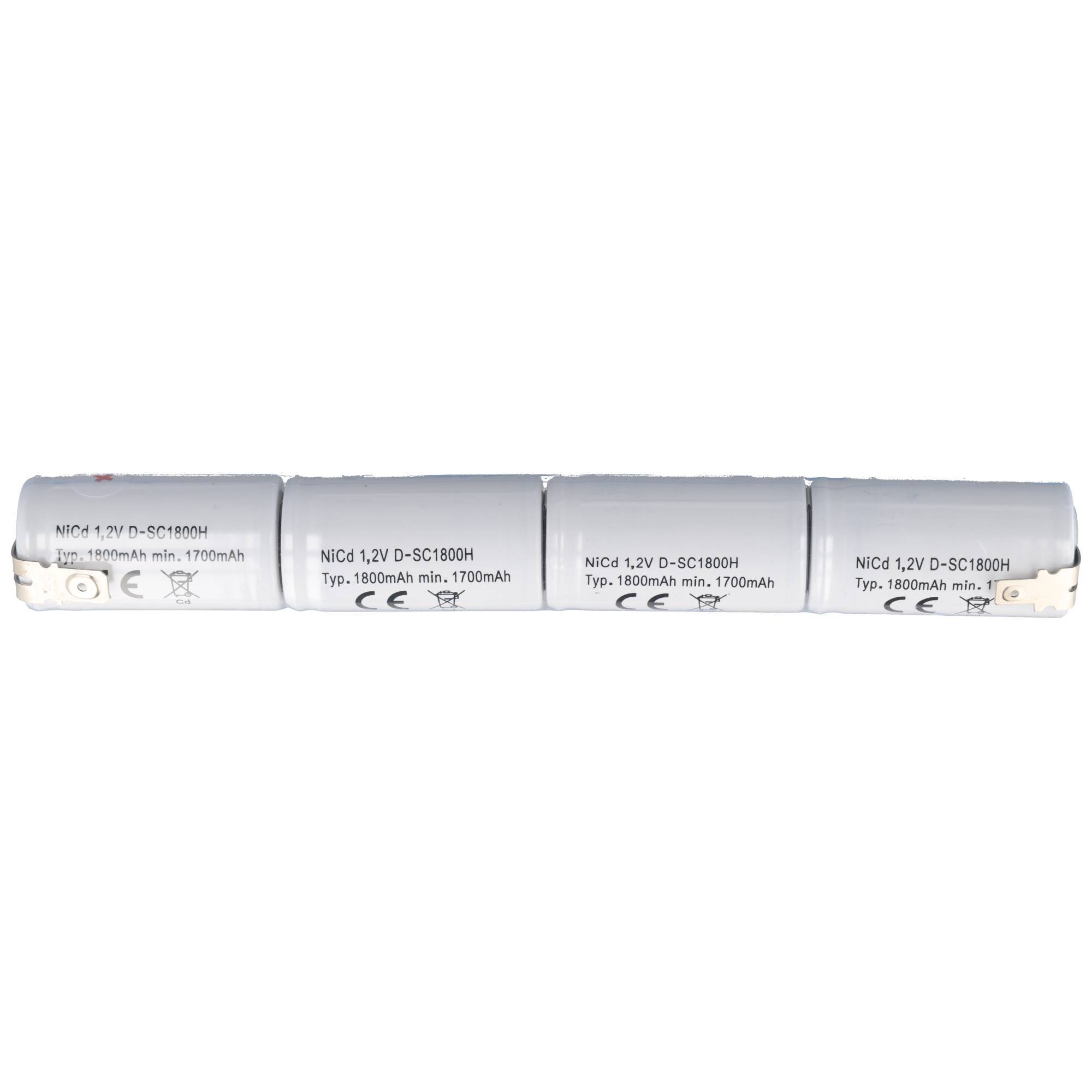 Vier verbundene silberfarbene wiederaufladbare Batteriezellen mit der Beschriftung „NiCd 1.2V D-SC1800H